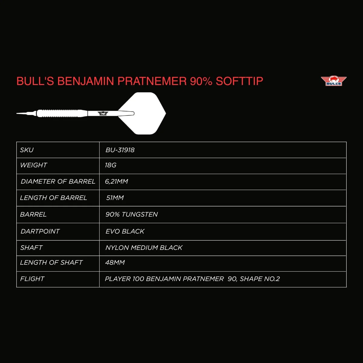 Bulls Benjamin Pratnemer Darts - Soft Tip - 90% Tungsten - 18g - Image 3