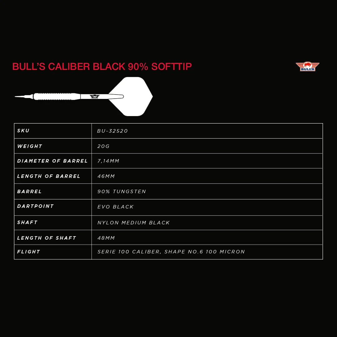 Bulls Caliber Black Darts - Soft Tip - 90% Tungsten - Image 3