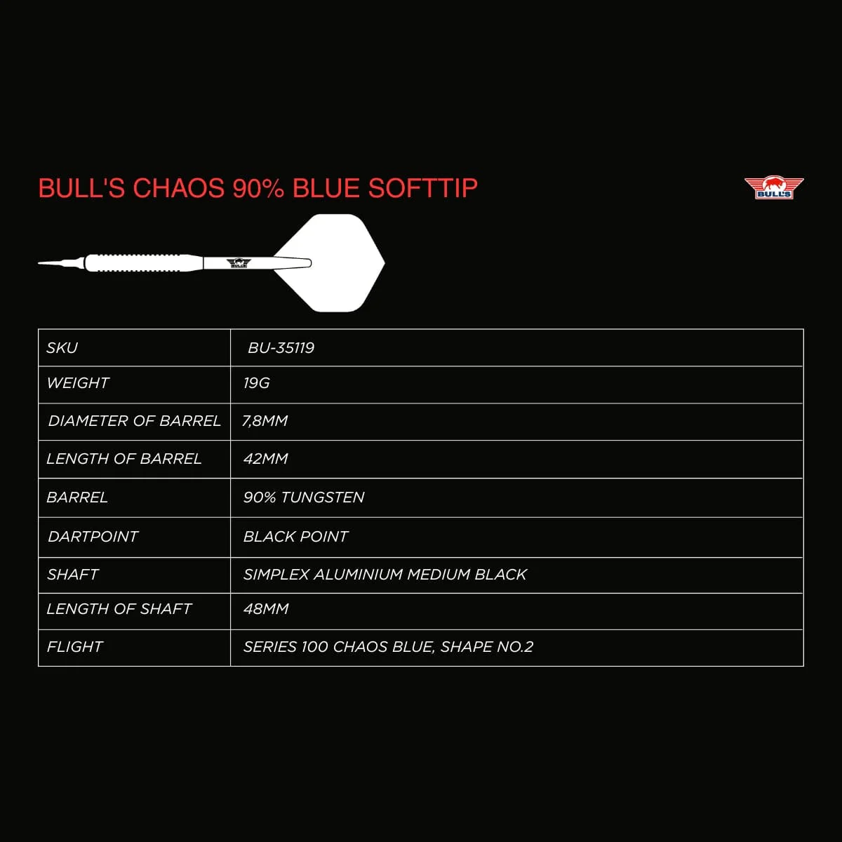 Bulls Chaos Darts - Soft Tip - 90% Tungsten - Blue - Image 4