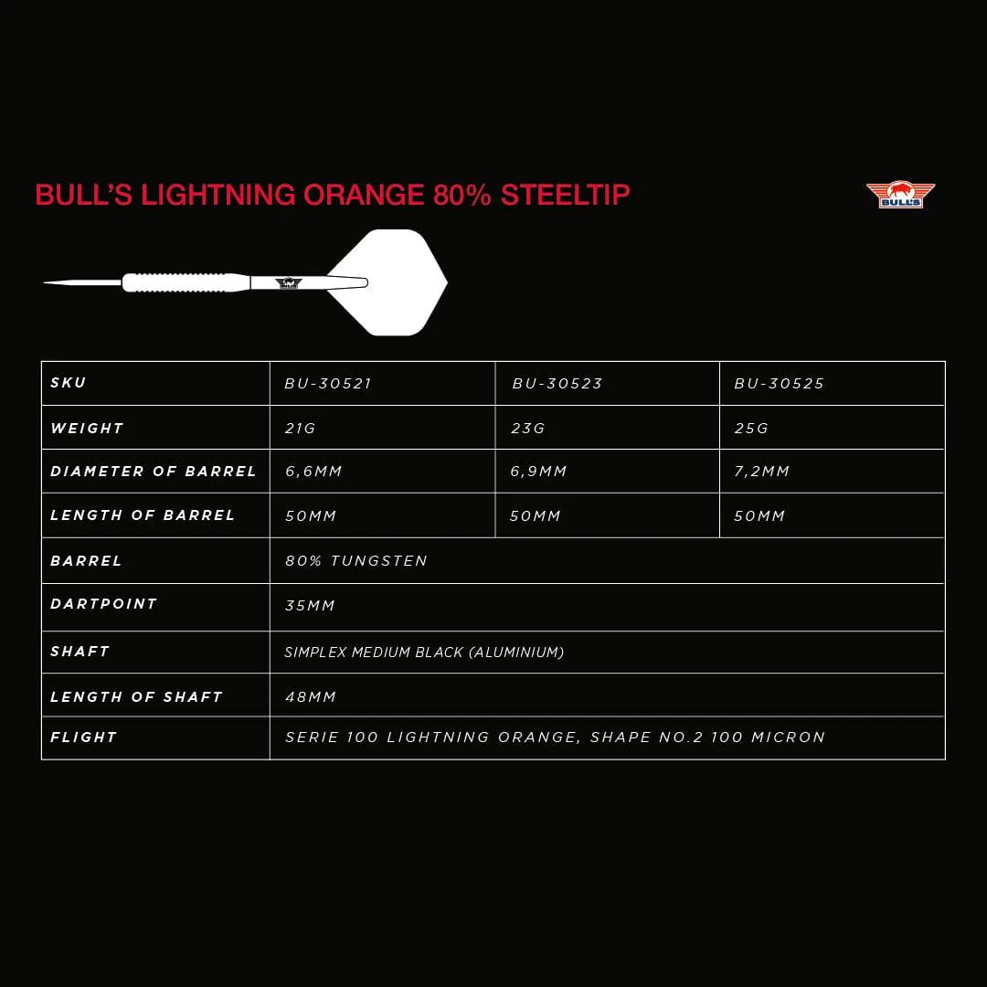 Bulls Lightning Orange Darts - Steel Tip - 80% Tungsten - Image 4