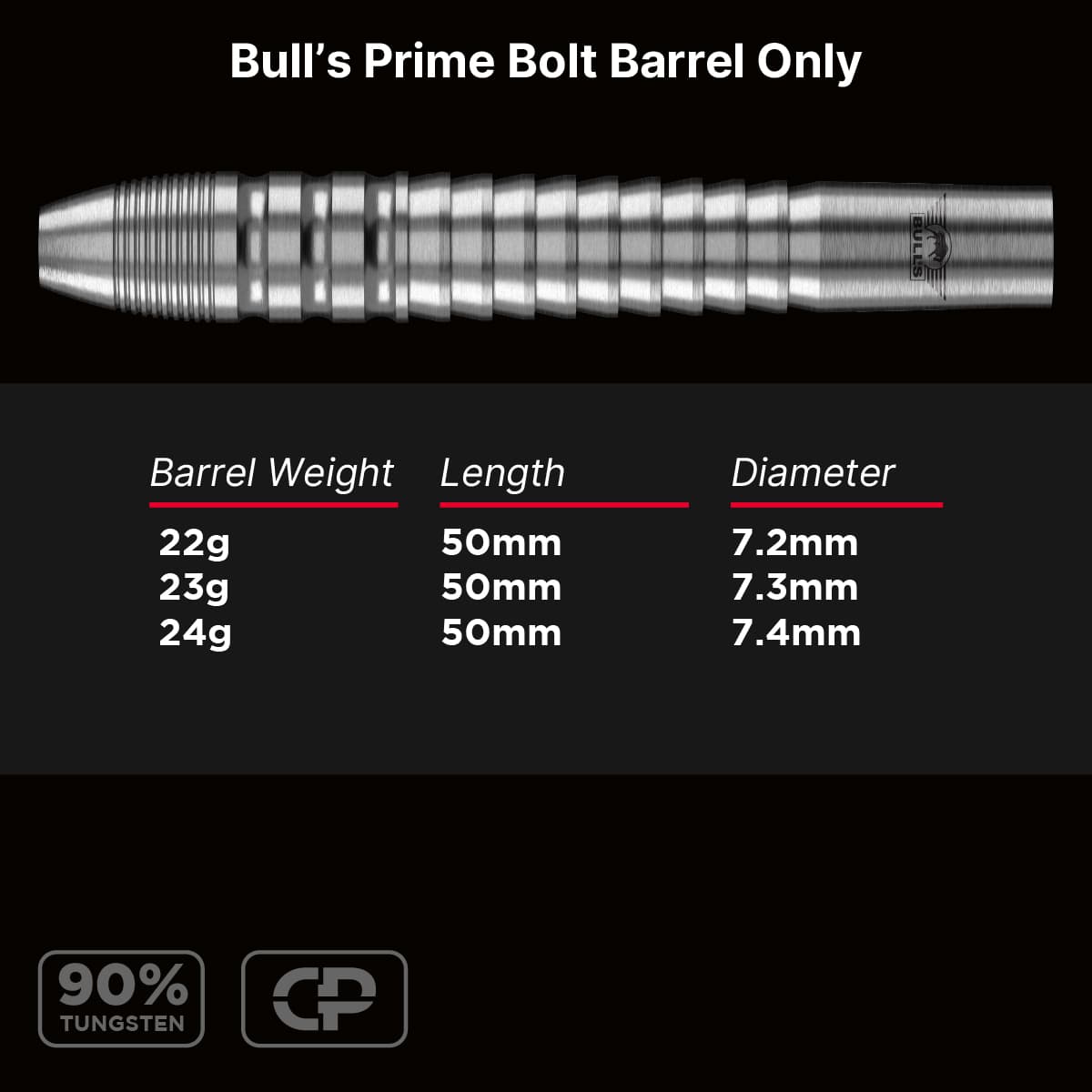 Bulls Prime CP Darts - Steel Tip - 90% Tungsten - Barrels Only - Bolt - Image 4
