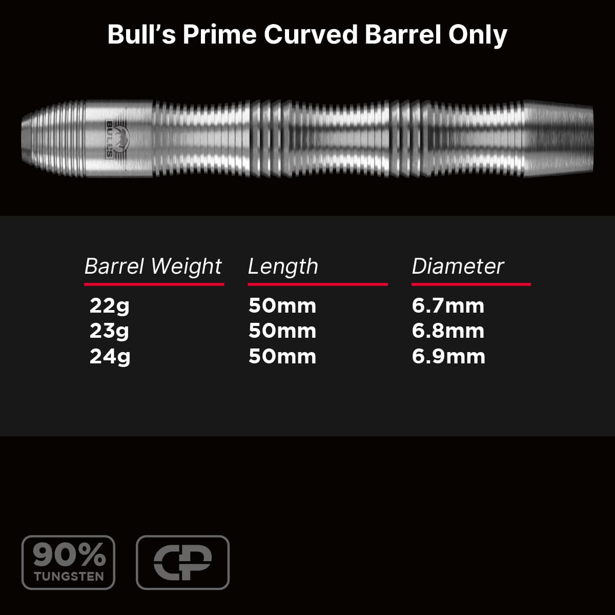 Bulls Prime CP Darts - Steel Tip - 90% Tungsten - Barrels Only - Curved - Image 5