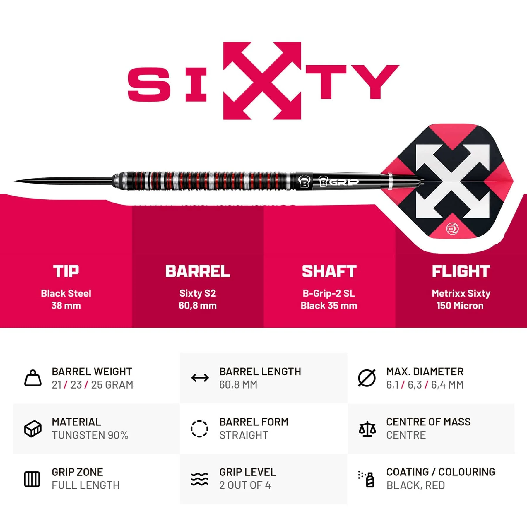 BULL'S Sixty Darts - Steel Tip - 90% Tungsten - S2 - Image 3