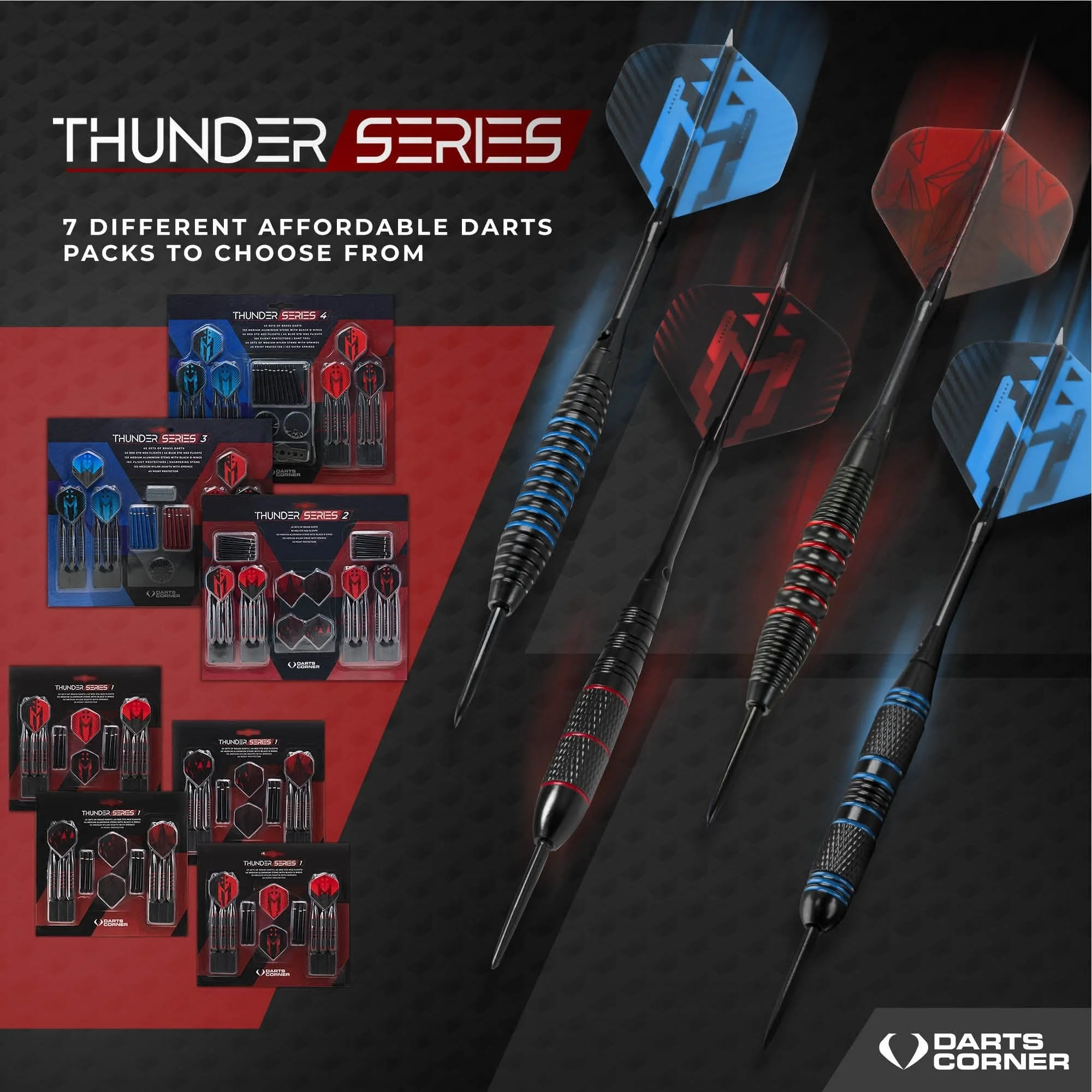 *Darts Corner - Thunder Series 4 - Steel Tip Brass - 4 Sets Darts - Blue & Red - 21g 22g 23g 24g - Image 2