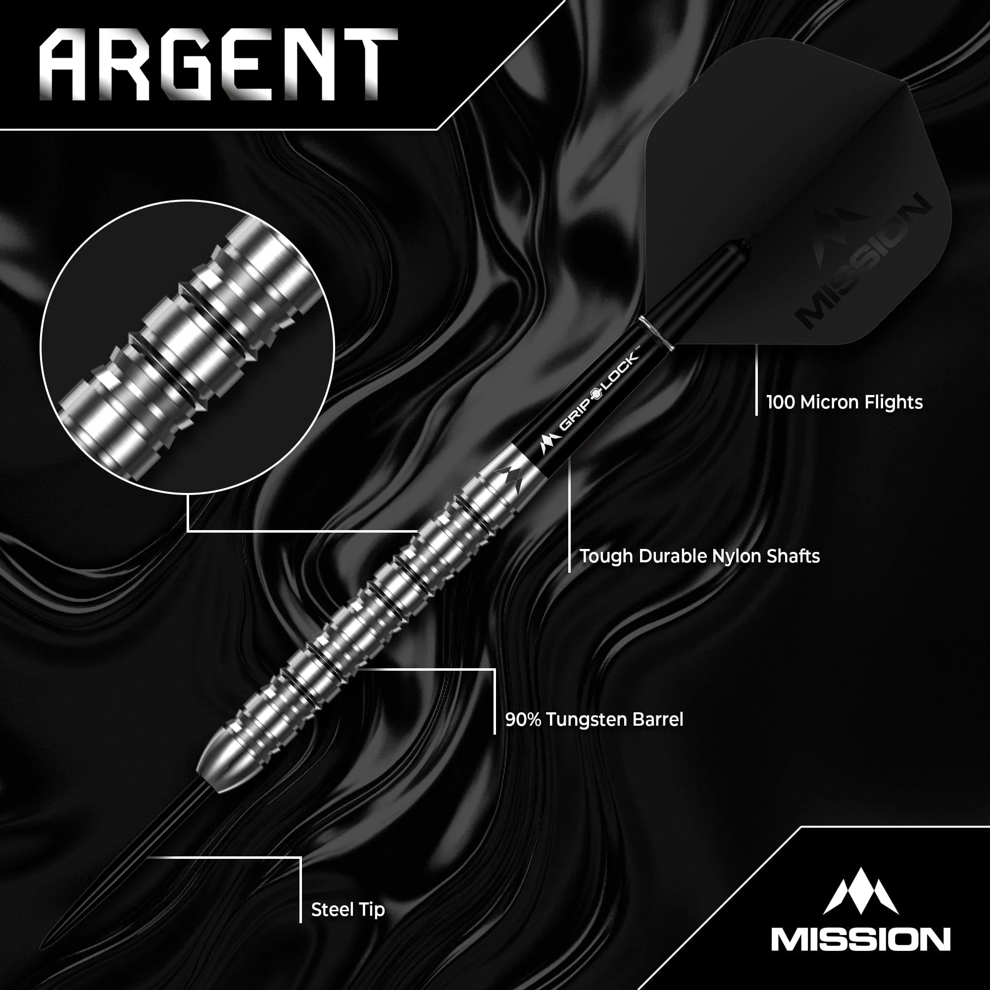 Mission Argent Darts - Steel Tip - 90% Tungsten - Silver - Image 2