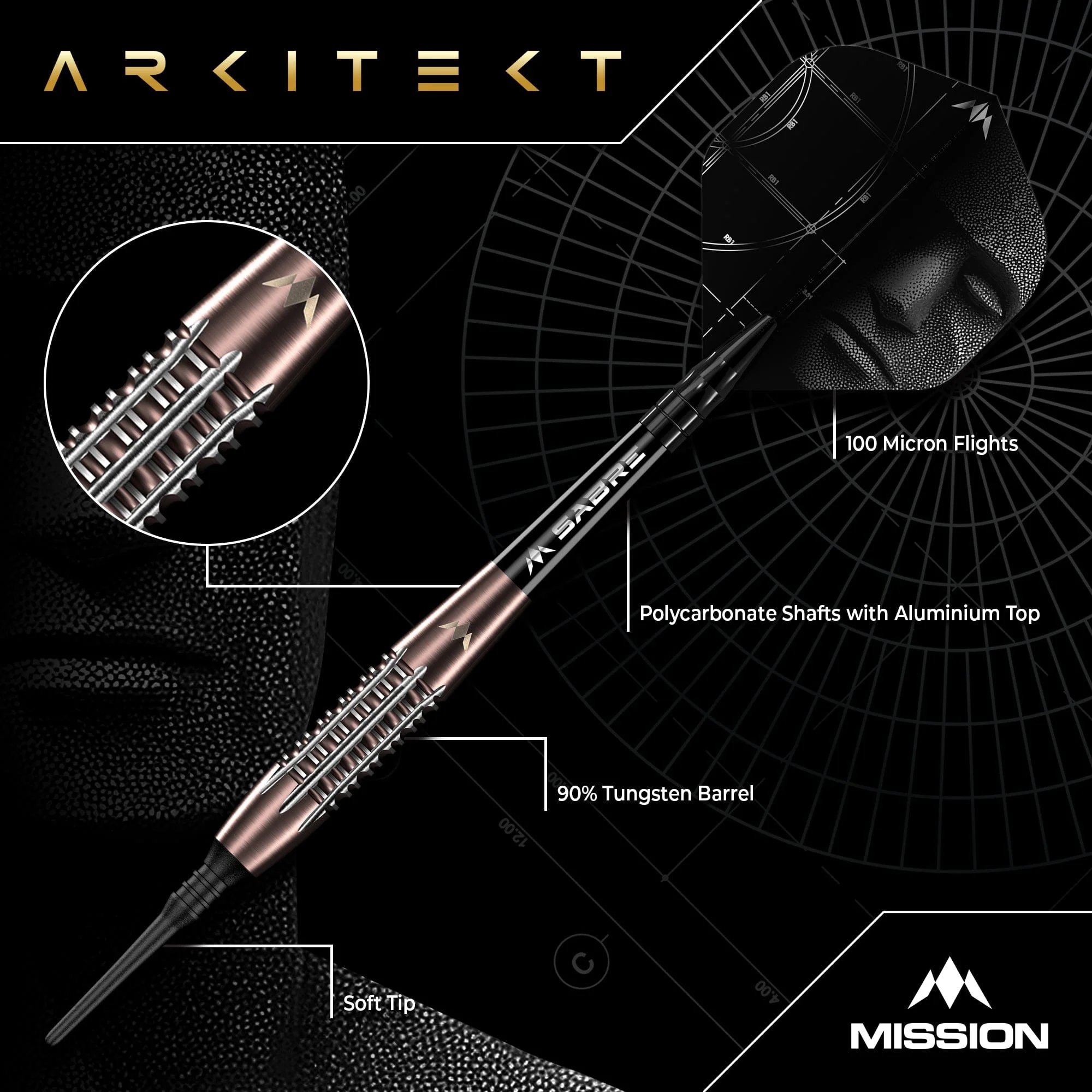 Mission Arkitekt Darts - Soft Tip - 90% Tungsten - Bronze Silica PVD - 19g - Image 3