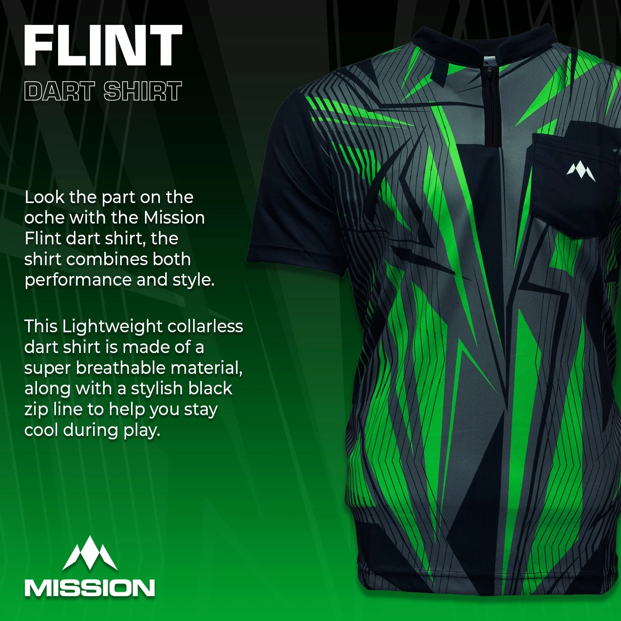 *Mission Darts Flint Dart Shirt - Collarless - Lightweight - Black & Green - Image 2
