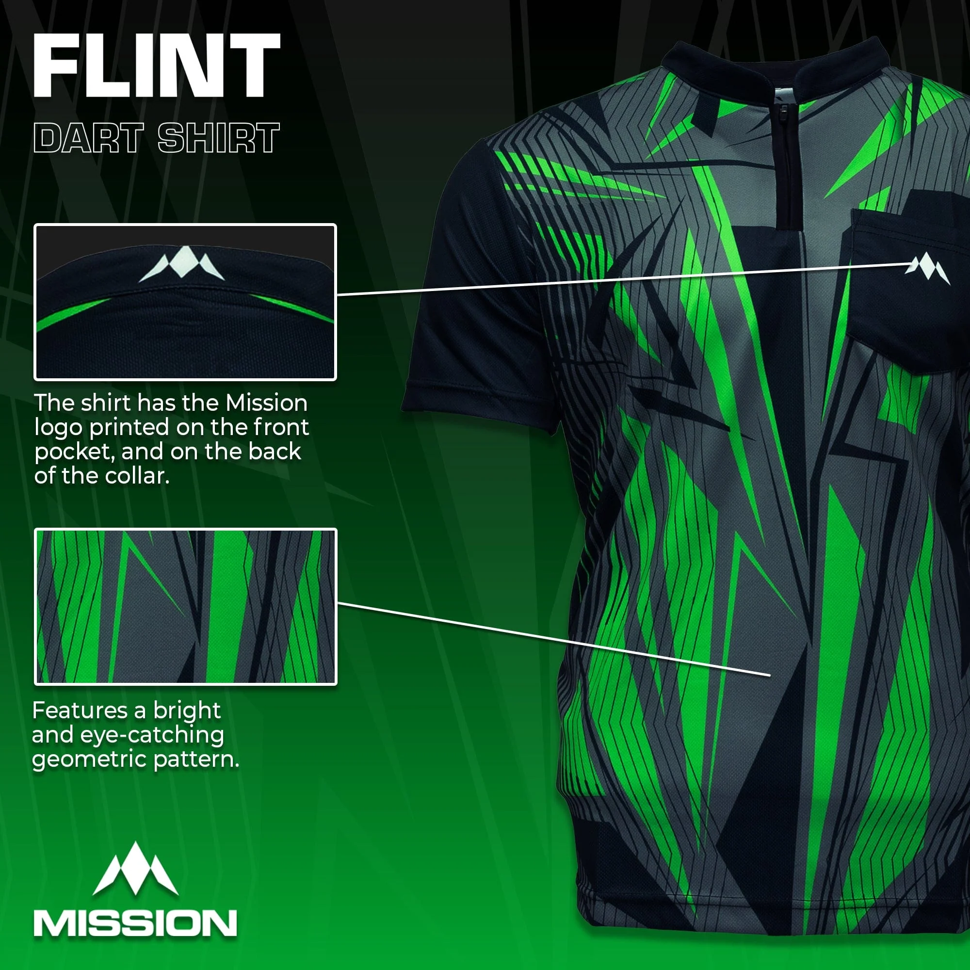 *Mission Darts Flint Dart Shirt - Collarless - Lightweight - Black & Green - Image 3