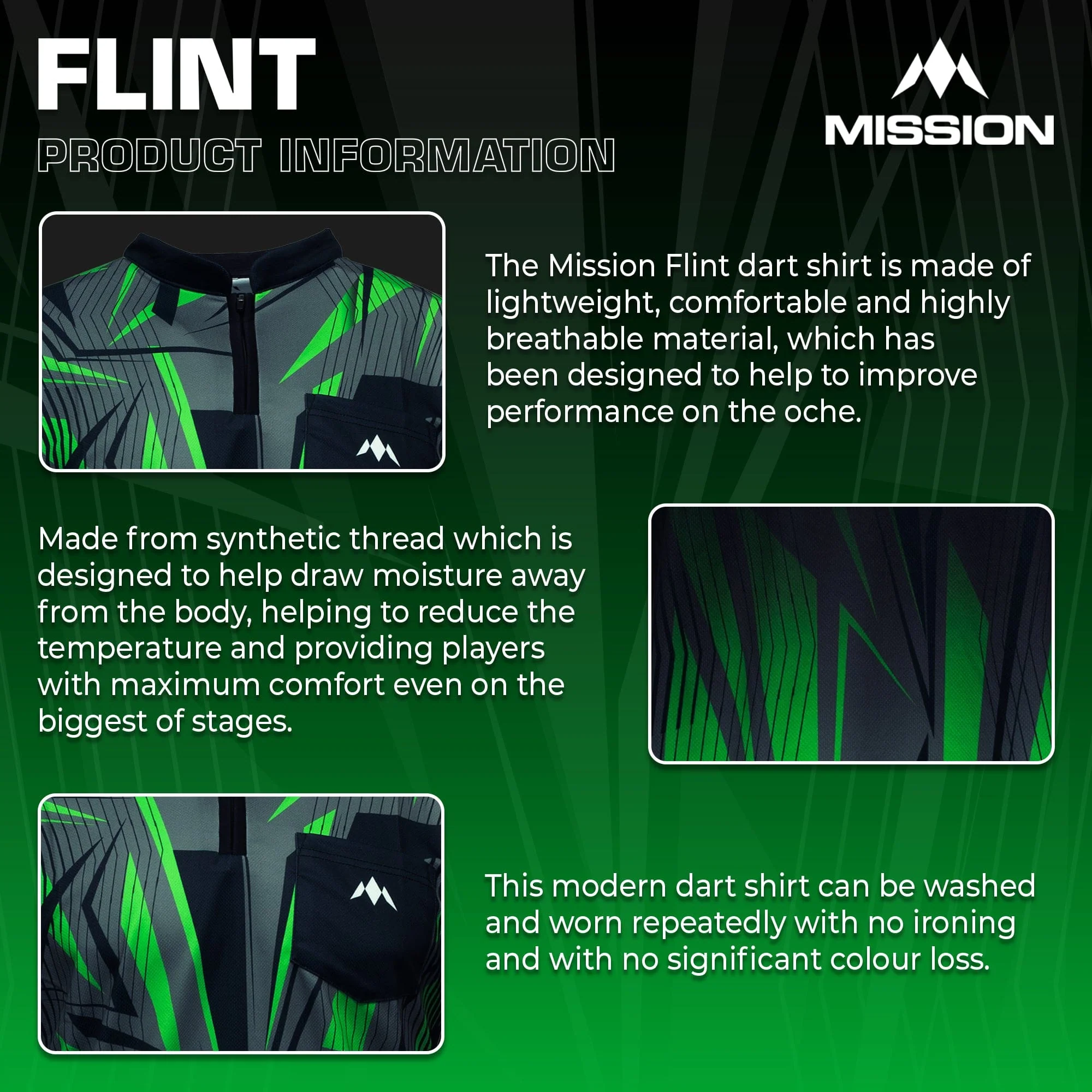 *Mission Darts Flint Dart Shirt - Collarless - Lightweight - Black & Green - Image 4