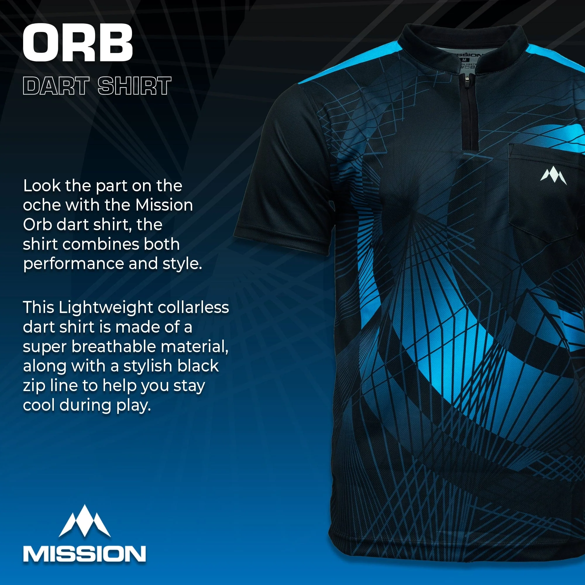 *Mission Darts Orb Dart Shirt - Collarless - Lightweight - Black & Blue - Youth - Image 2