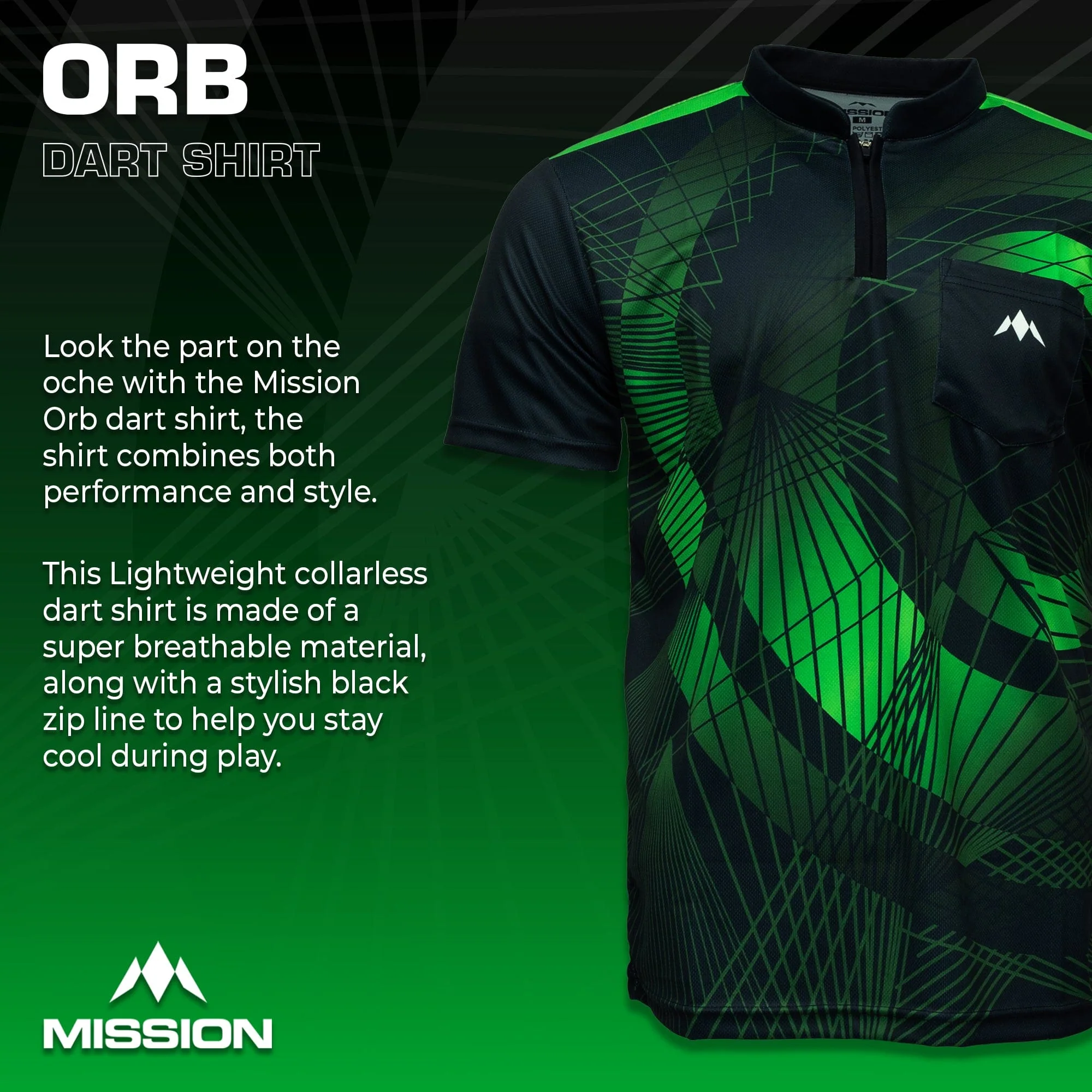 *Mission Darts Orb Dart Shirt - Collarless - Lightweight - Black & Green - Youth - Image 2