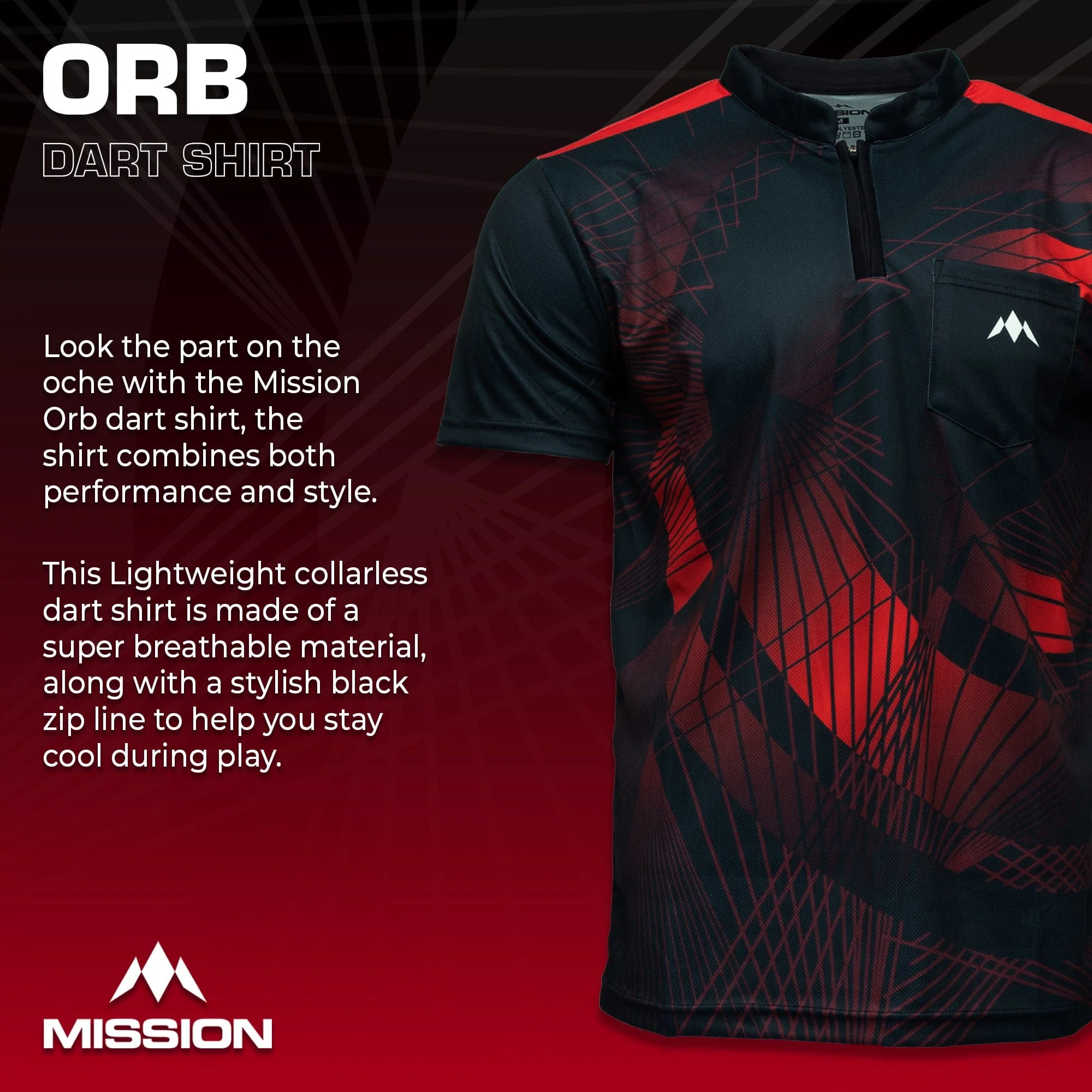 *Mission Darts Orb Dart Shirt - Collarless - Lightweight - Black & Red - Youth - Image 2