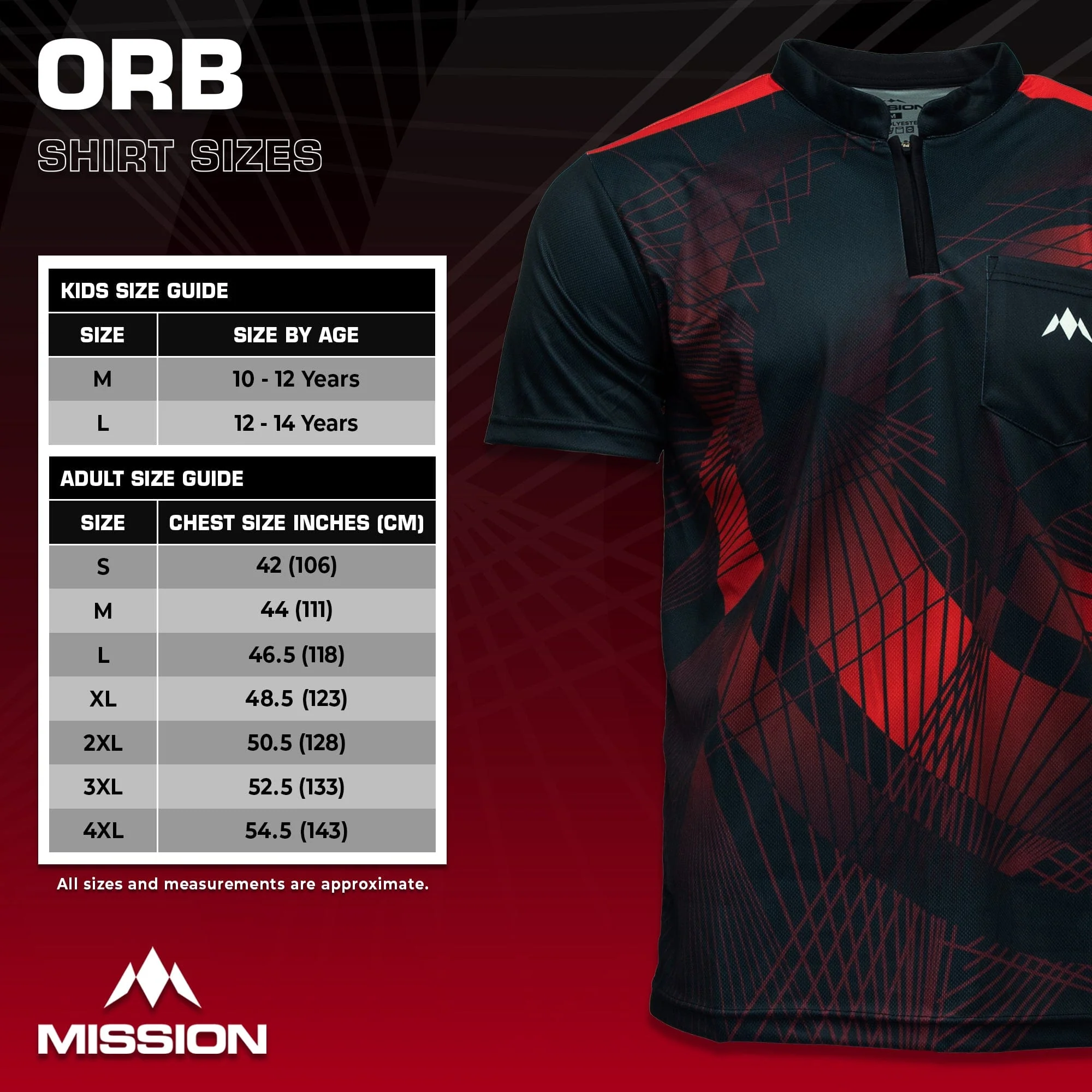 *Mission Darts Orb Dart Shirt - Collarless - Lightweight - Black & Red - Youth - Image 5