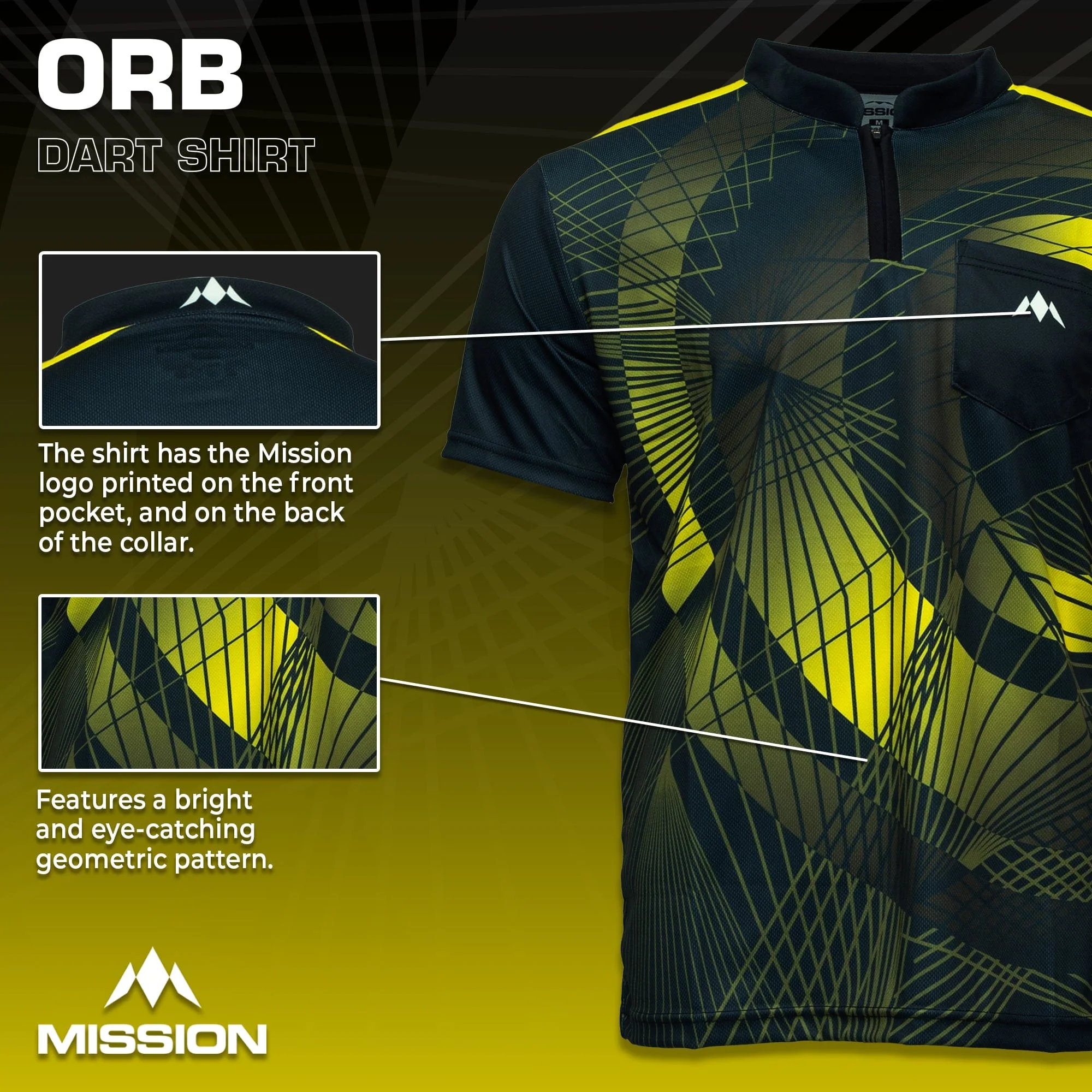 *Mission Darts Orb Dart Shirt - Collarless - Lightweight - Black & Yellow - Image 3