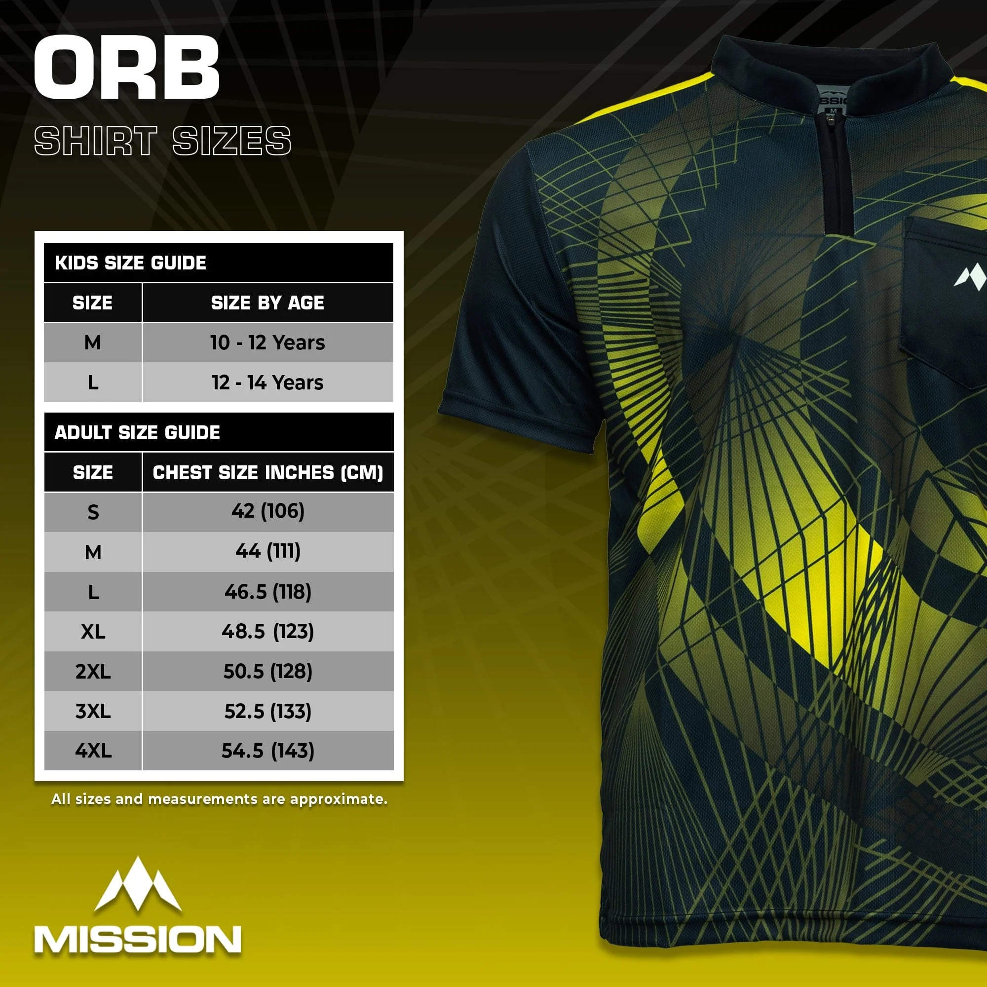 *Mission Darts Orb Dart Shirt - Collarless - Lightweight - Black & Yellow - Image 5