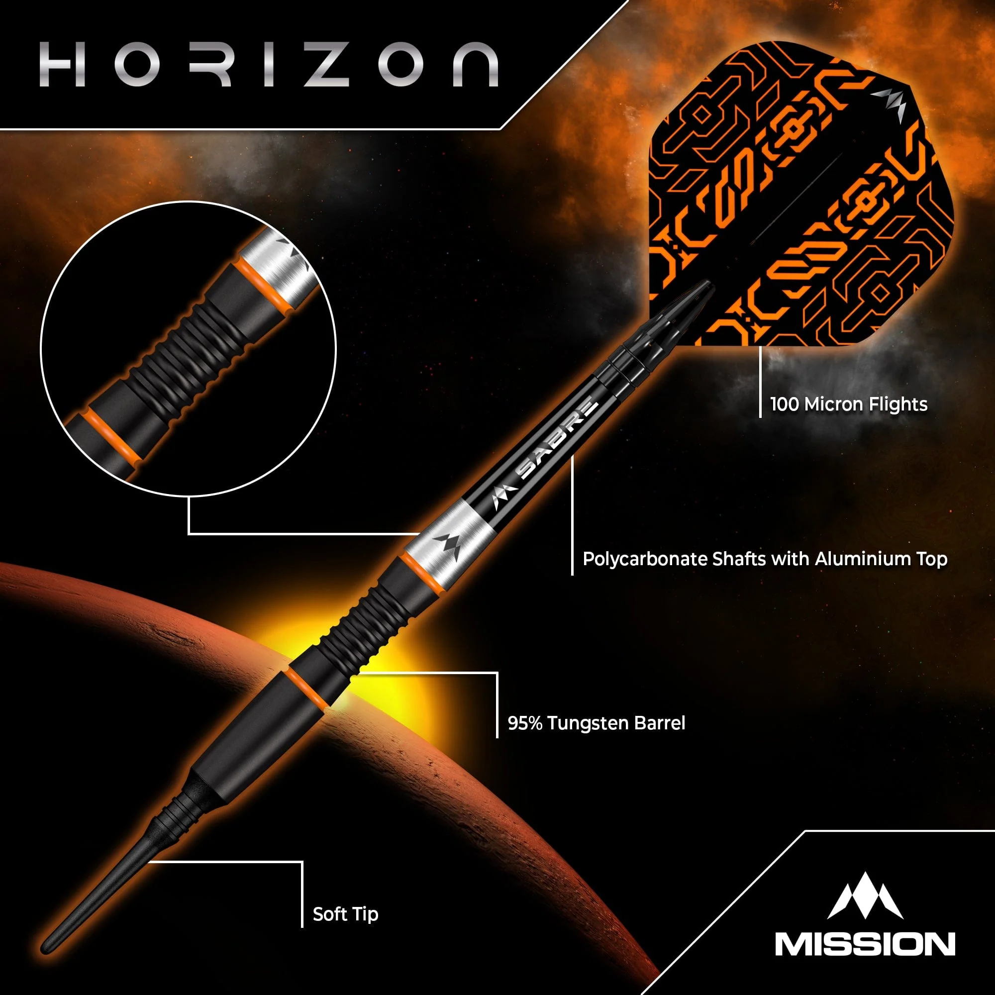 Mission Horizon Darts - Soft Tip - 95% Tungsten - Black PVD & Orange - 18g - Image 3