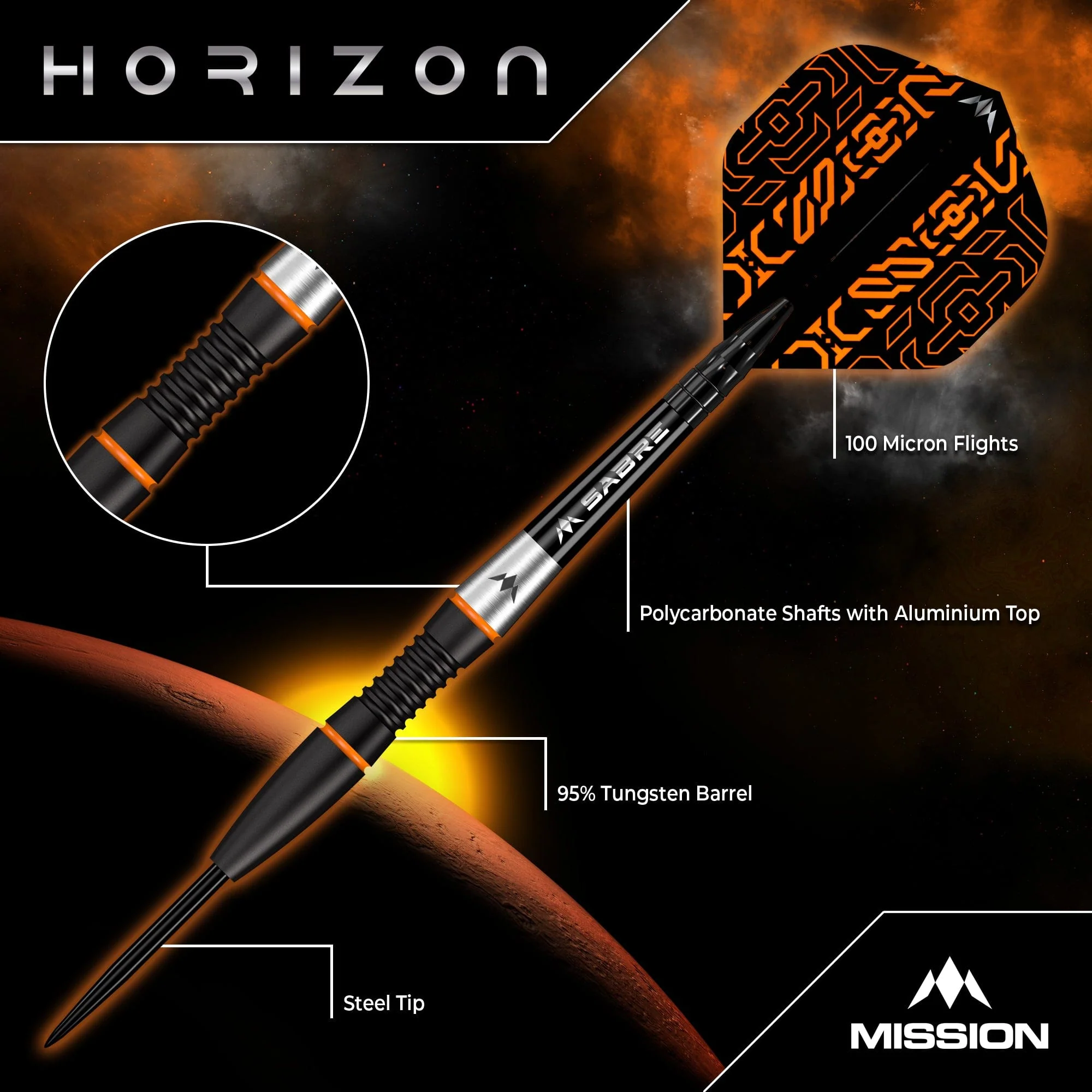 Mission Horizon Darts - Steel Tip - 95% Tungsten - Black PVD & Orange - Image 3