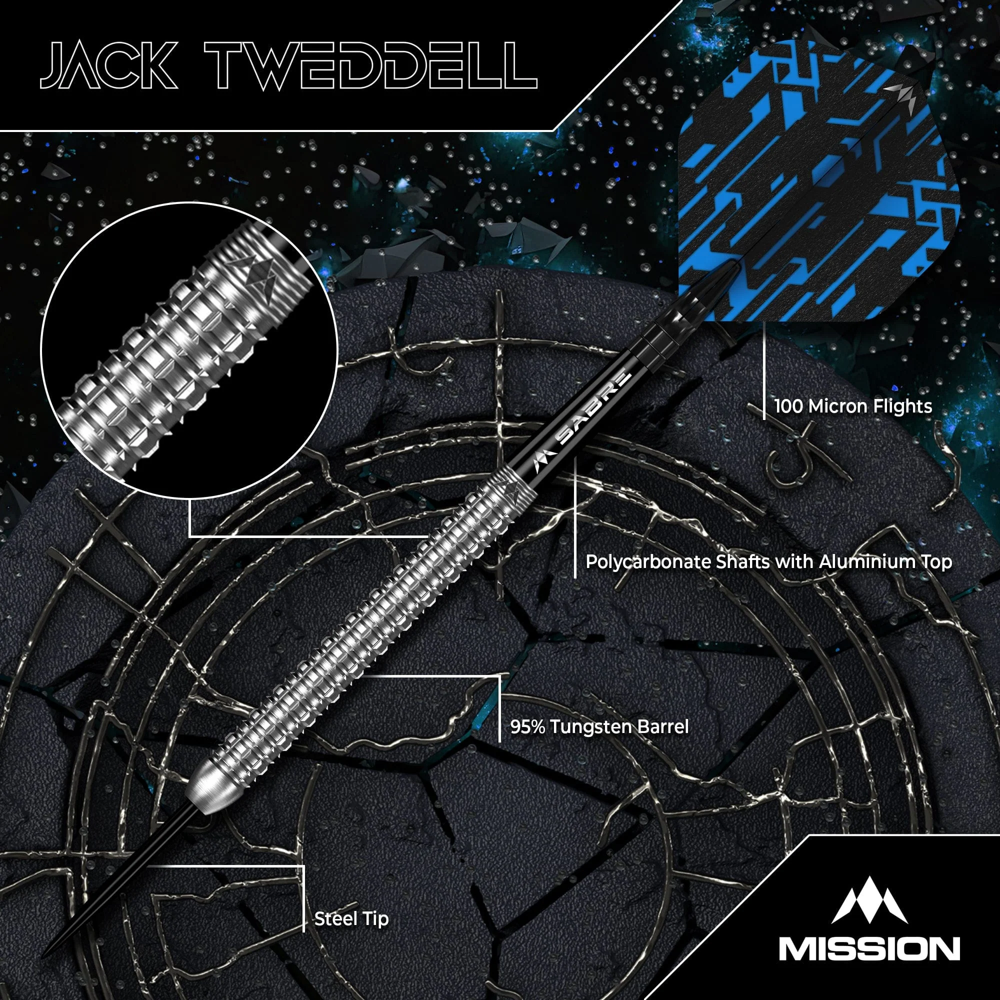 Mission Jack Tweddell Darts - Steel Tip - 95% Tungsten -  Silver - Image 3