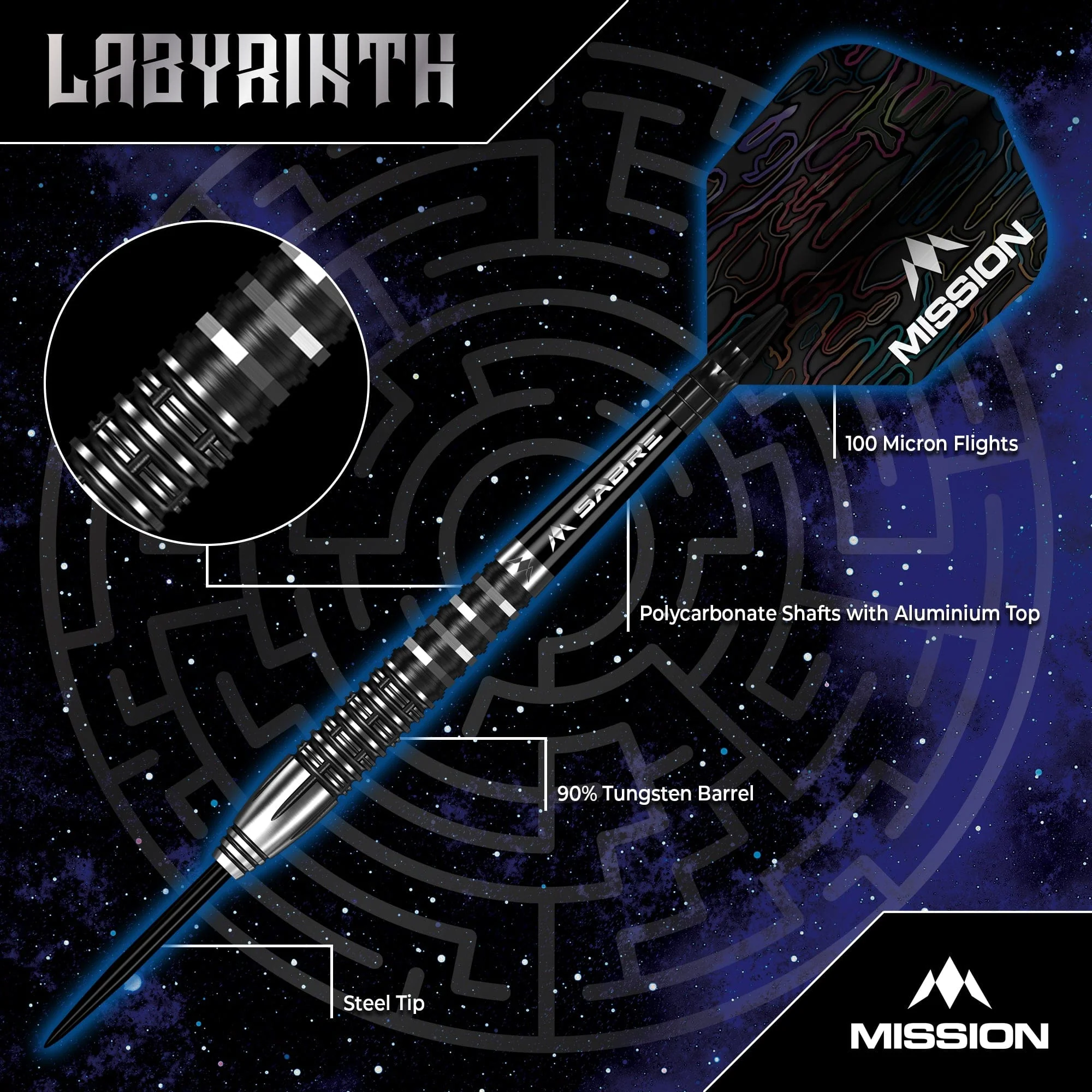 Mission Labyrinth Darts - Steel Tip - 90% Tungsten - Black PVD - Image 2