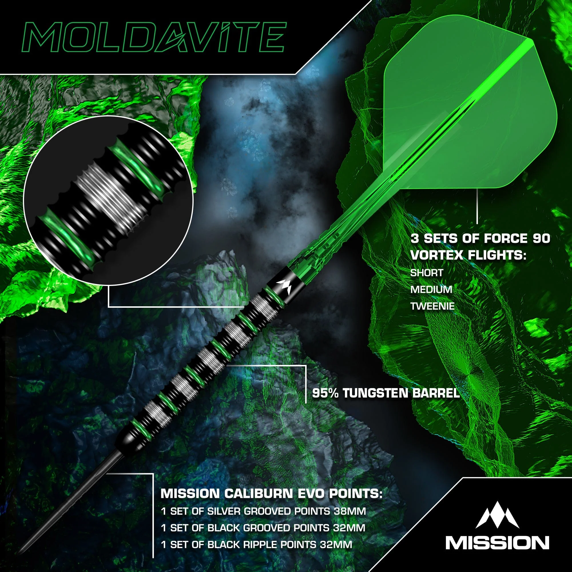 Mission Moldavite Darts - Steel Tip - 95% Tungsten - Black & Green - Image 2