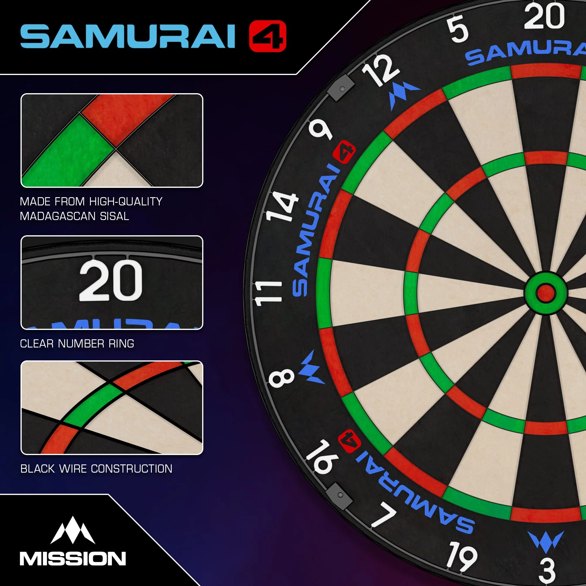 Mission Samurai 4 Dartboard - Professional - Knife Wire - Black Spider - Image 4