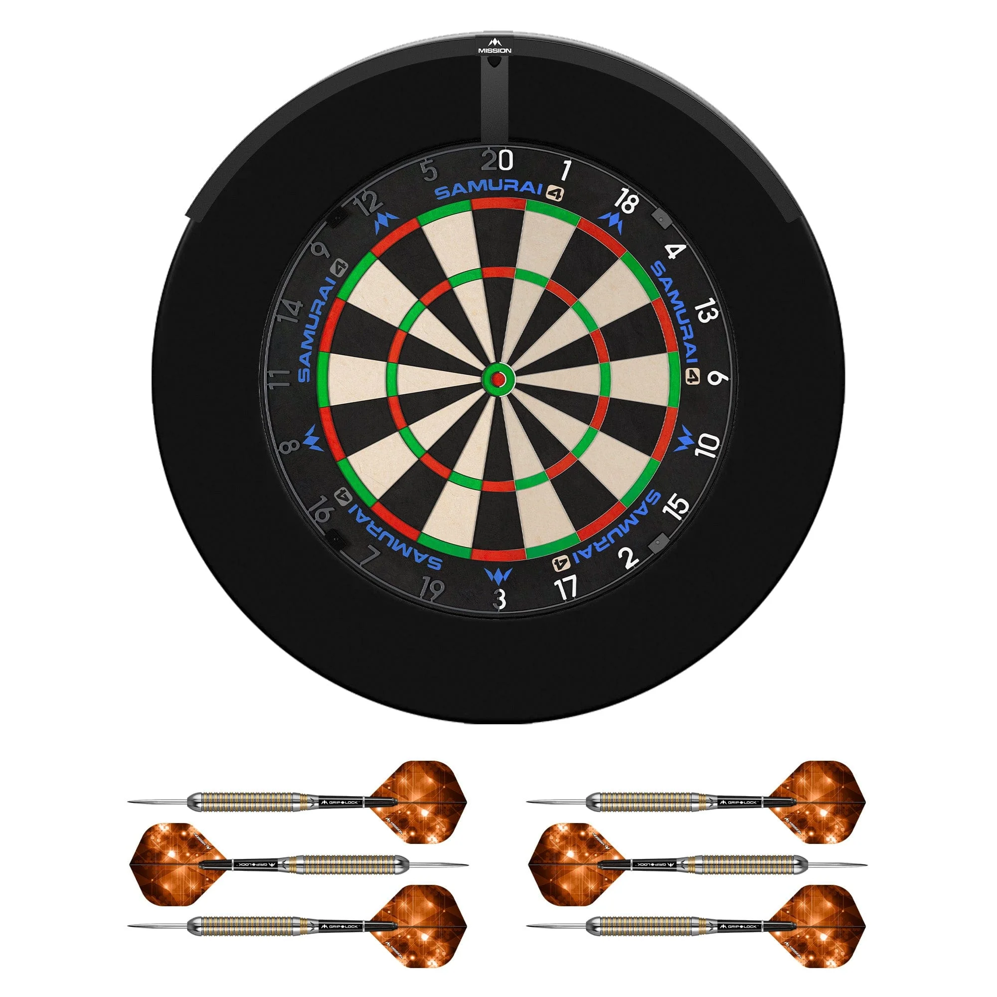 Mission Samurai 4 Dartboard Set - Dart Board, Surround, Torus 120 Light & 2 sets of Brass Darts