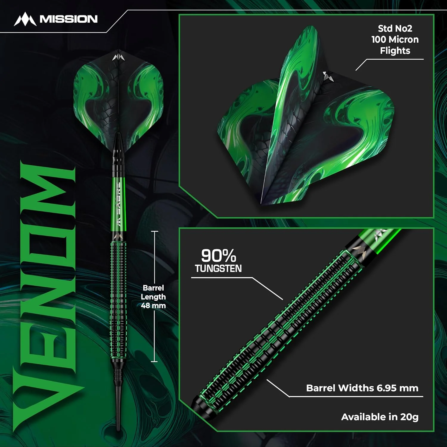 Mission Venom Darts - Steel Tip - 90% Tungsten - Black & Green Electro - Image 3