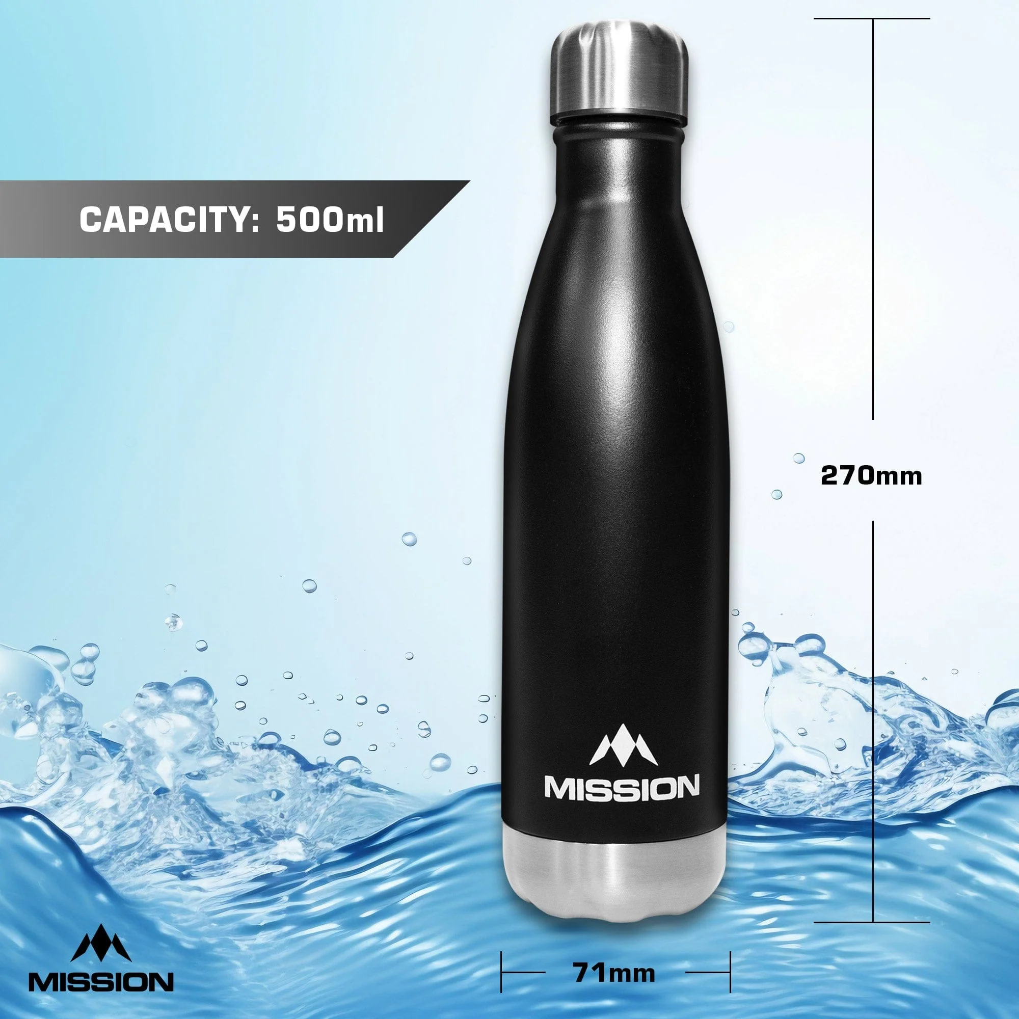 Mission Water Bottle - Stainless Steel - 500ml - Black - Image 2