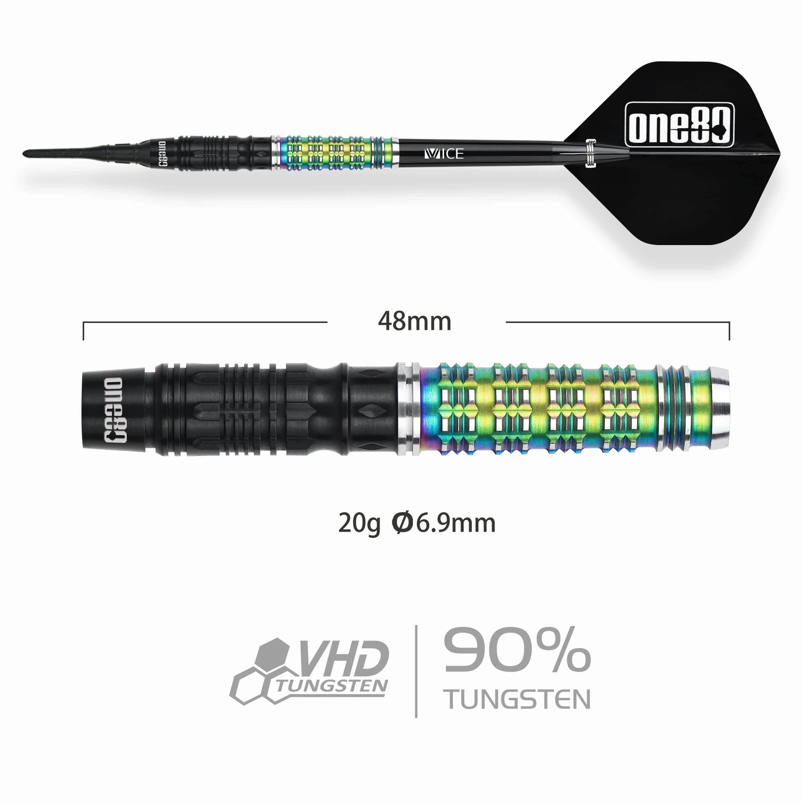 One80 Desmond Chin Darts - Soft Tip - 90% Tungsten - V2 - Black & Rainbow - 20g - Image 2
