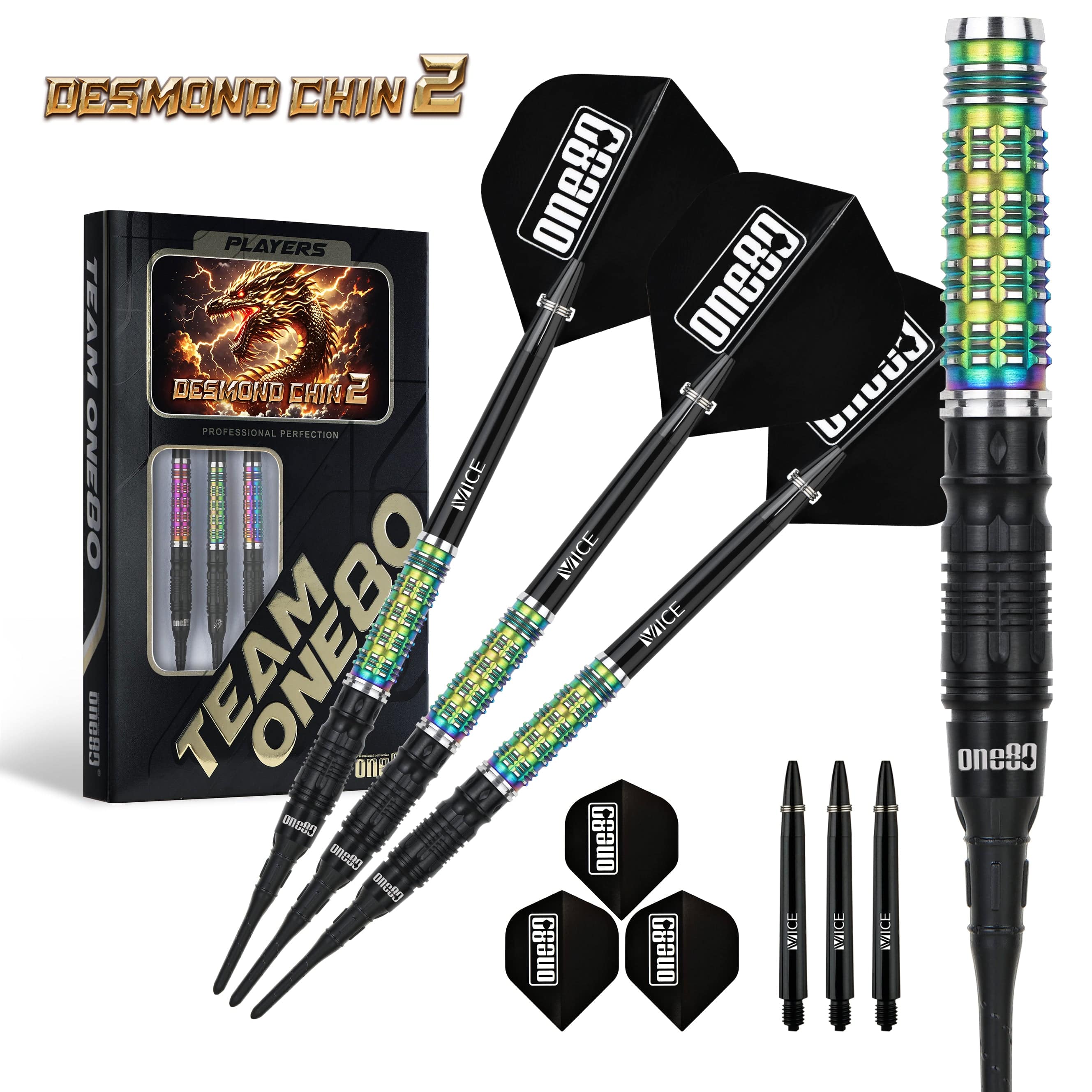 One80 Desmond Chin Darts - Soft Tip - 90% Tungsten - V2 - Black & Rainbow - 20g - Image 3