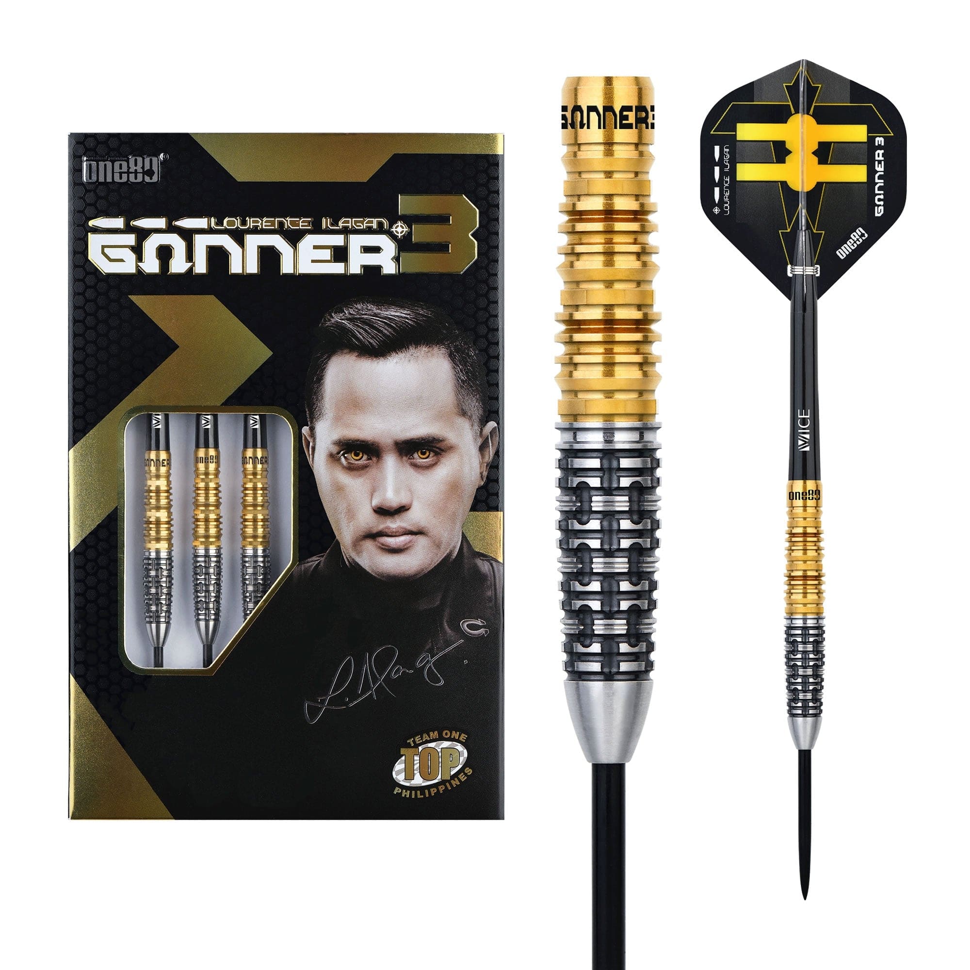 One80 Gunner III Darts - Steel Tip - Lourence Ilagan - Black & Gold - Image 3