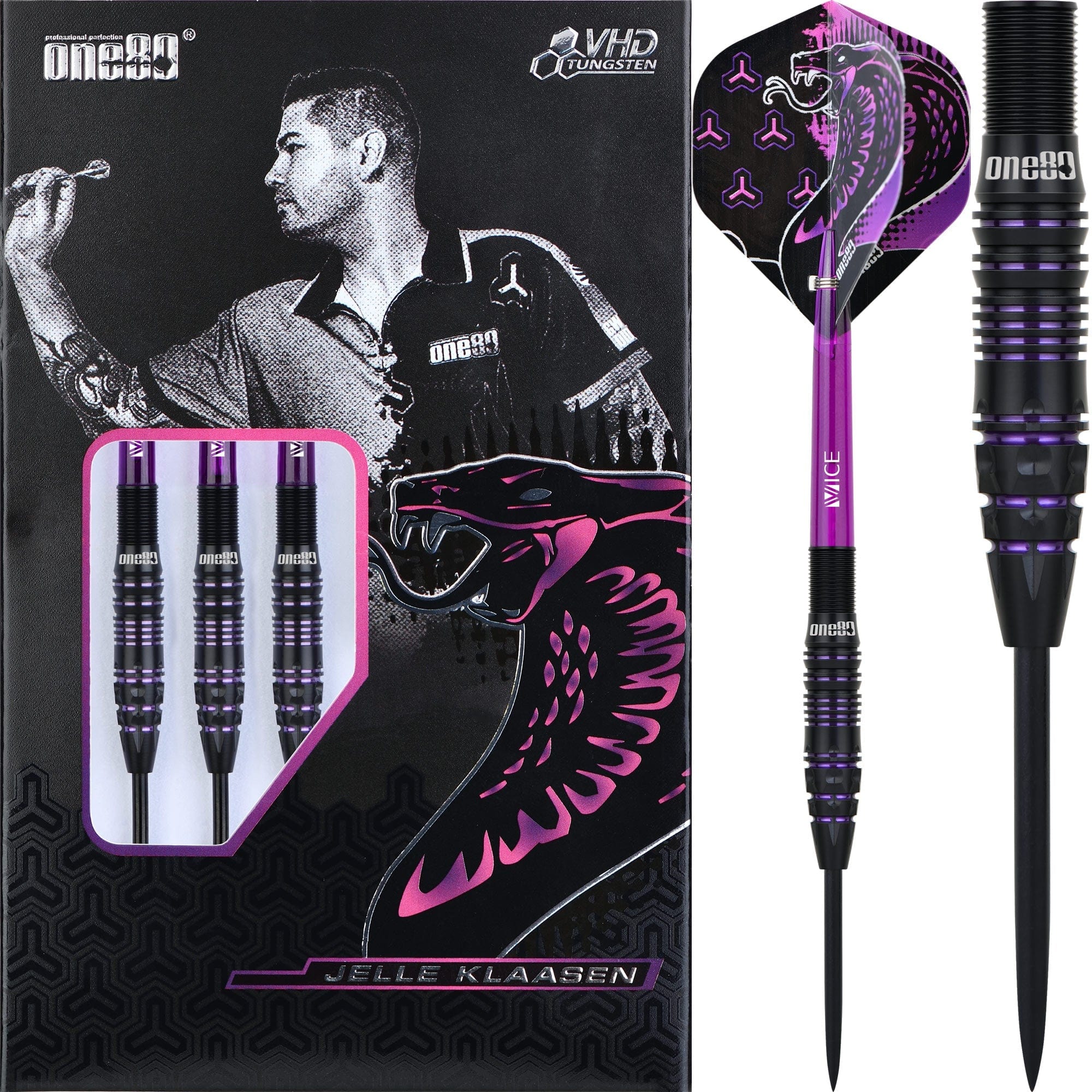 One80 Jelle Klaasen VHD Darts - Steel Tip - The Cobra - Black