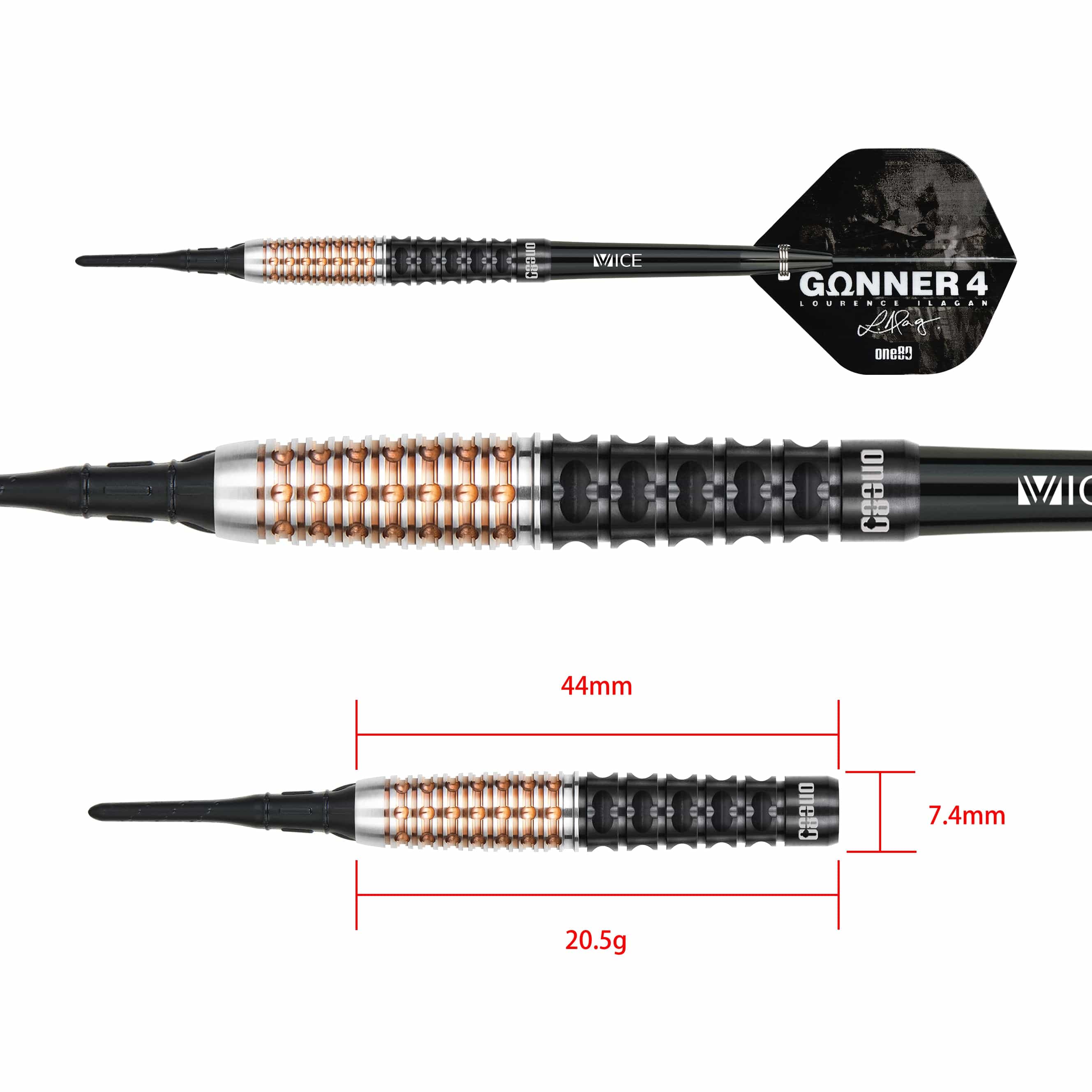 One80 Lourence Ilagan Darts - Soft Tip - 90% Tungsten - Rose Gold - 20.5g - Image 2