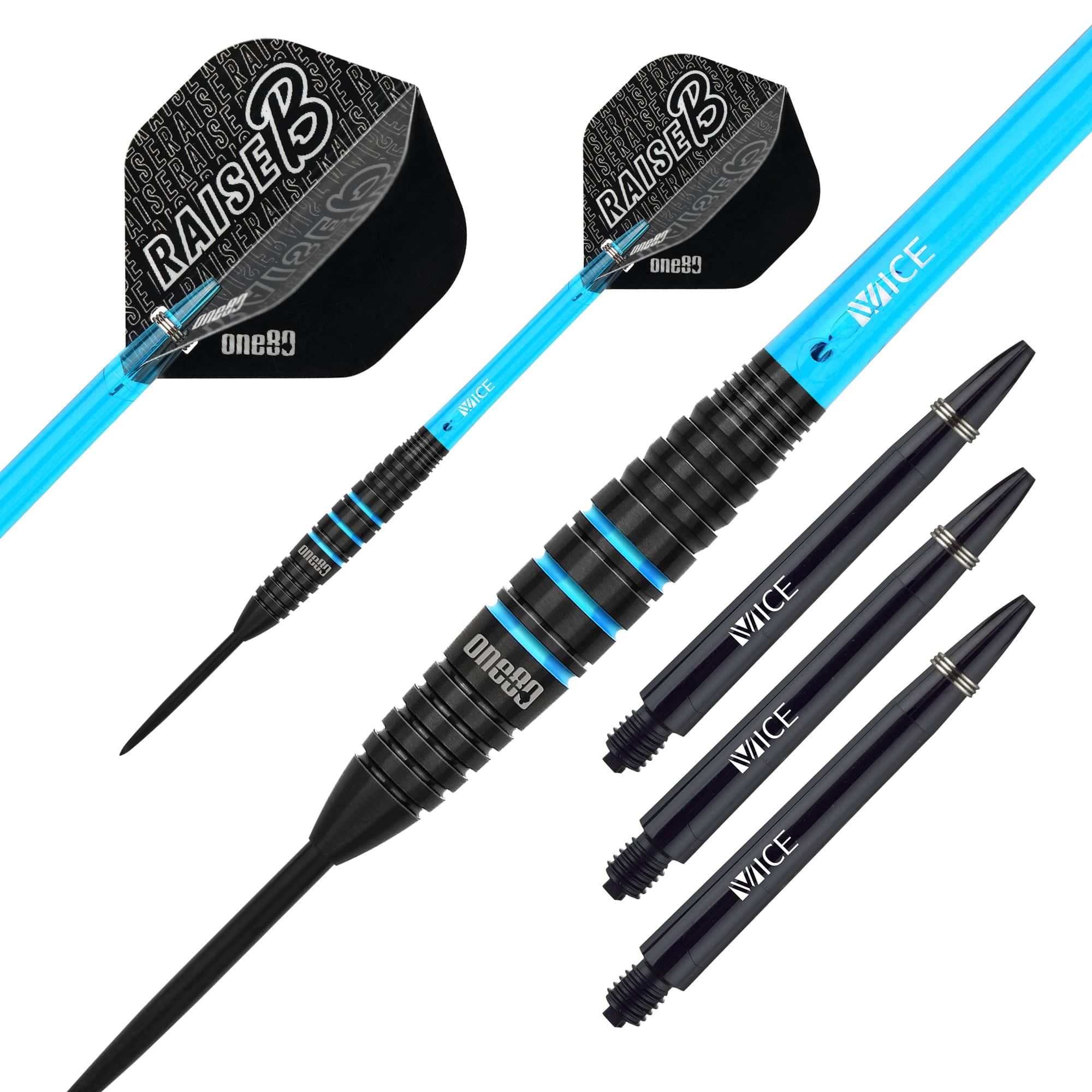 One80 Raise B Darts - Steel Tip - Black - Aqua Blue Rings - Image 2