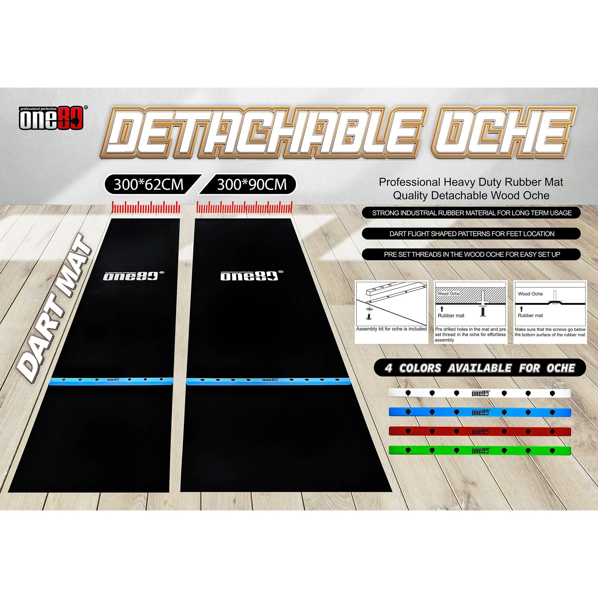 One80 Rubber Dart Mat with Oche - Floor Protection - Black - 300x90cm - Wide - Image 2
