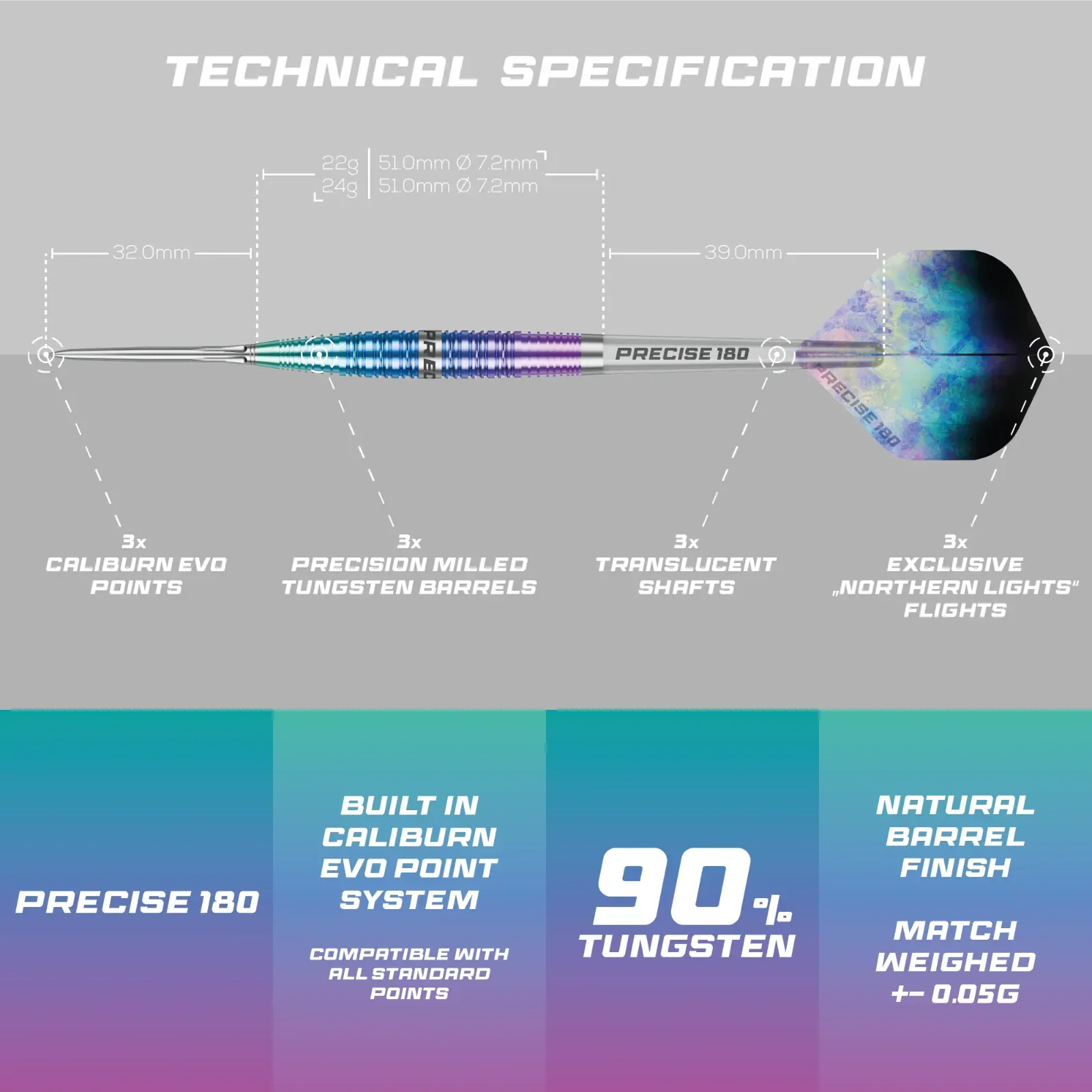 Precise 180 Northern Lights Darts - Steel Tip - 90% Tungsten - Image 3