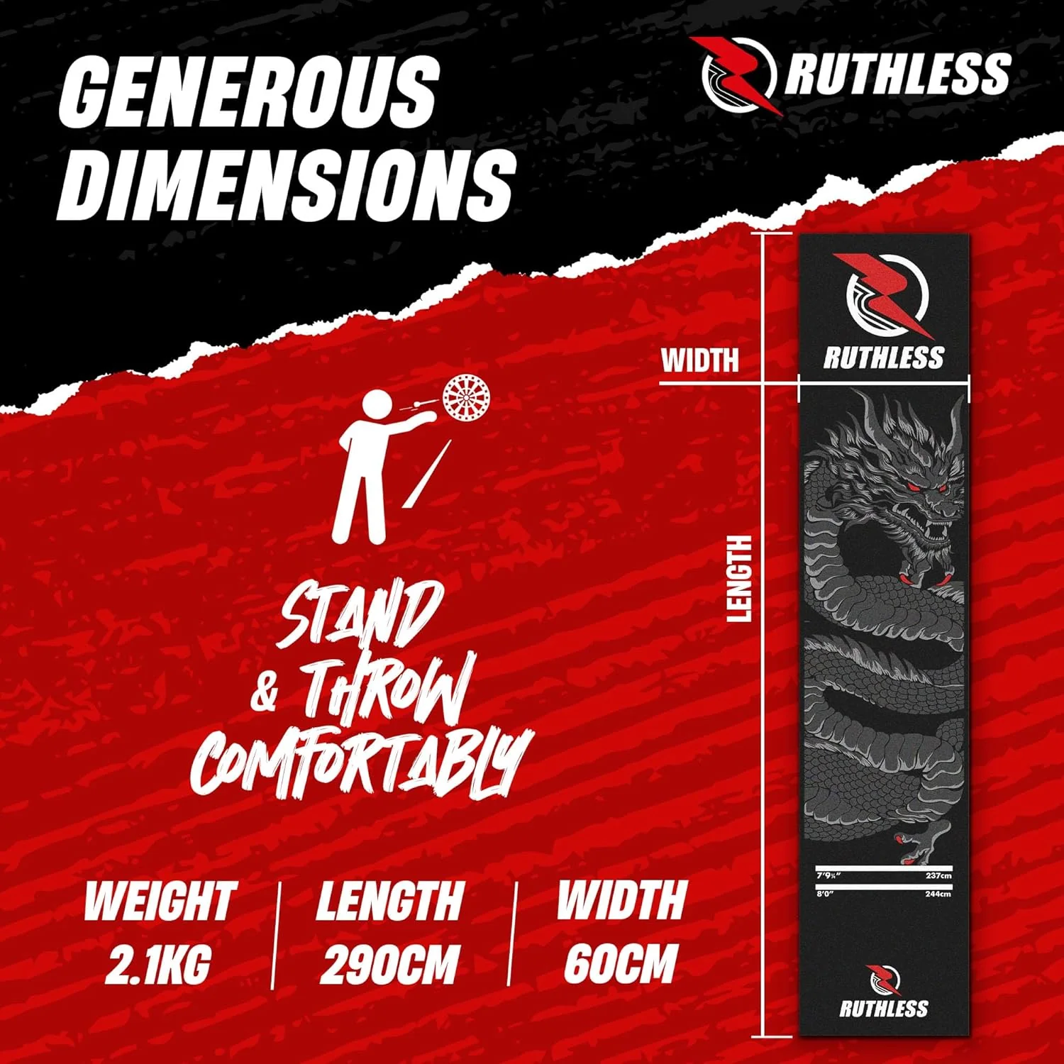 Ruthless Dragon Dart Mat - Carpet Mat - 290cm x 60cm - Black & Grey - Image 7