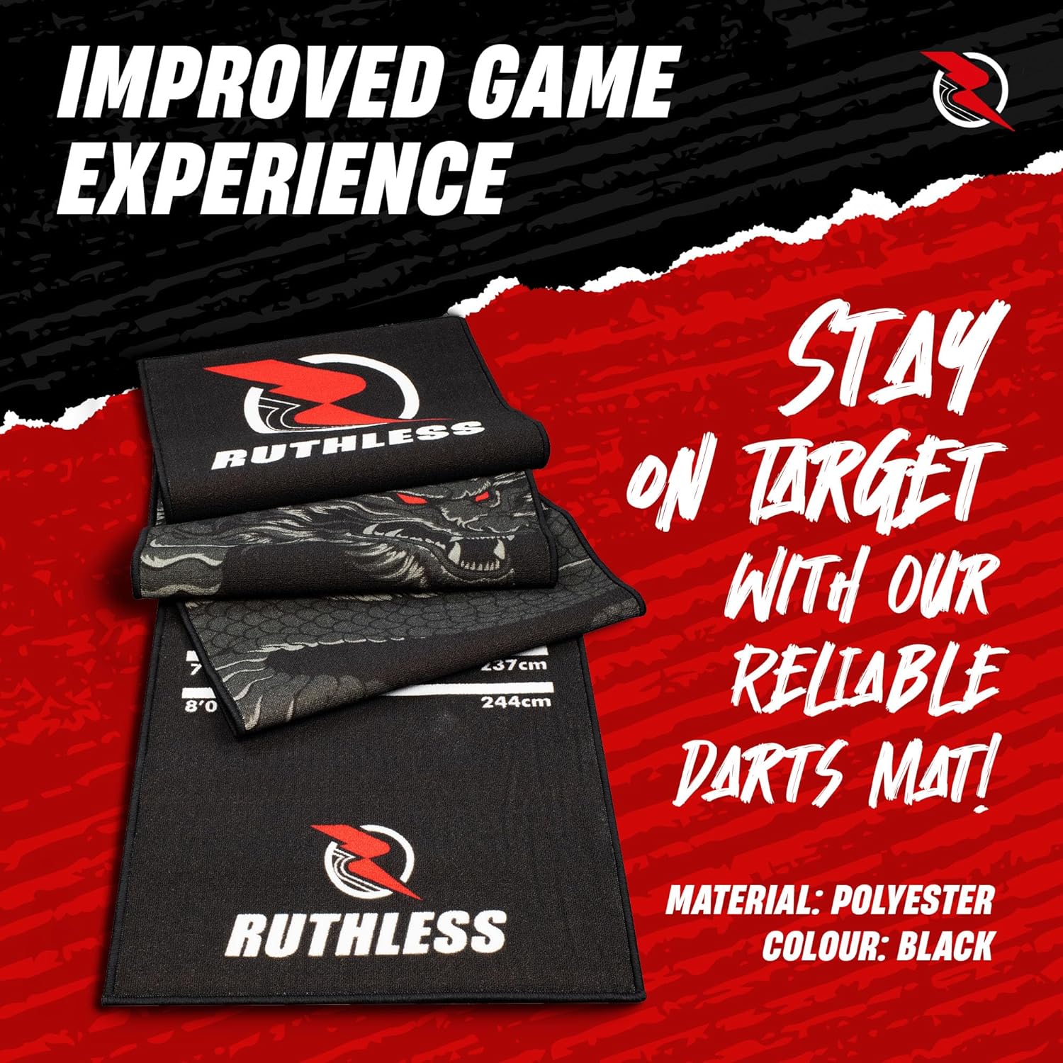 Ruthless Dragon Dart Mat - Carpet Mat - 290cm x 60cm - Black & Grey - Image 8