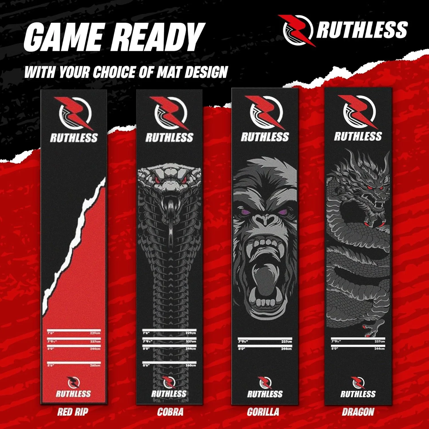 Ruthless Gorilla Dart Mat - Carpet Mat - 290cm x 60cm - Black & Grey - Image 2