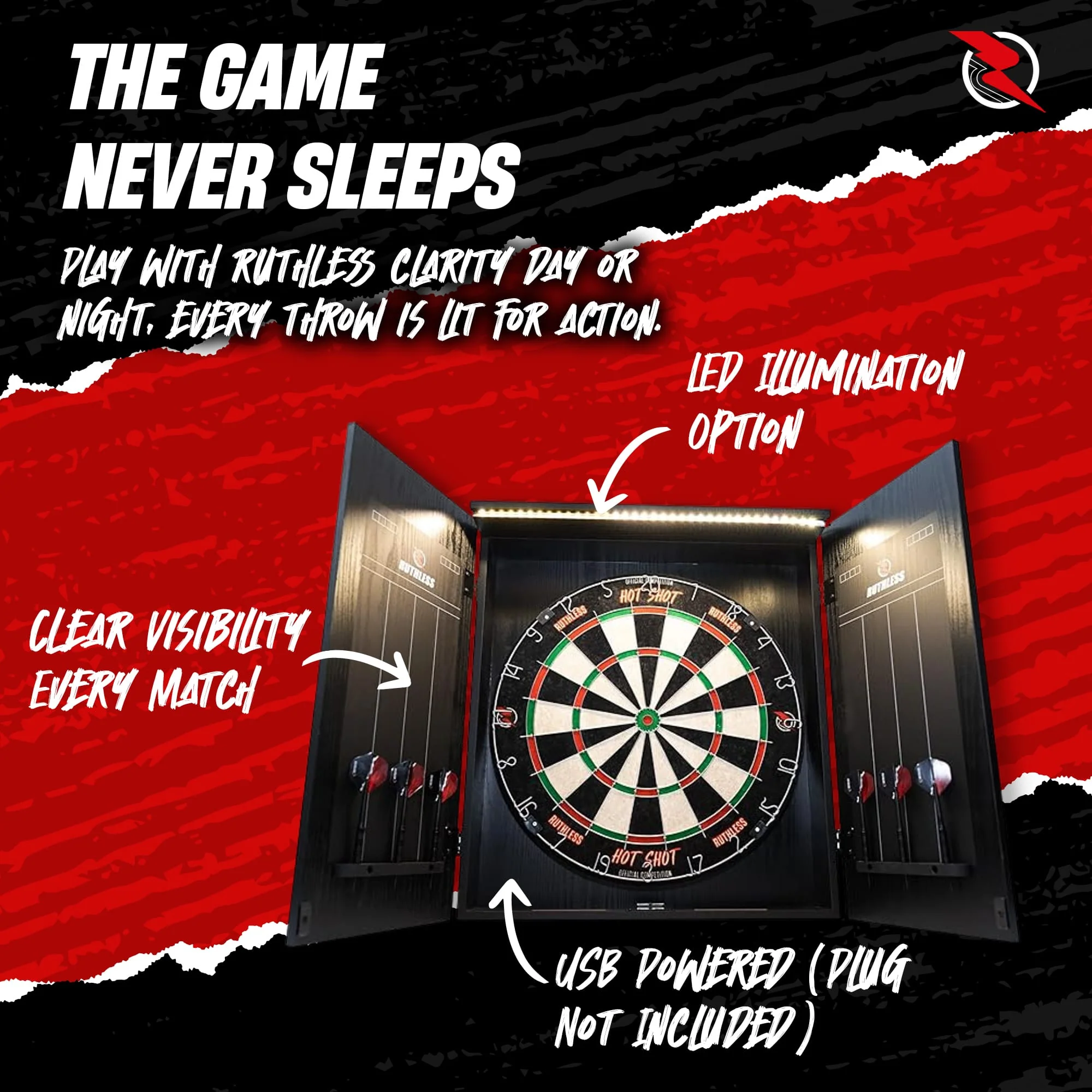 Ruthless Home Darts Centre - Cabinet with USB Light - Black - Image 3