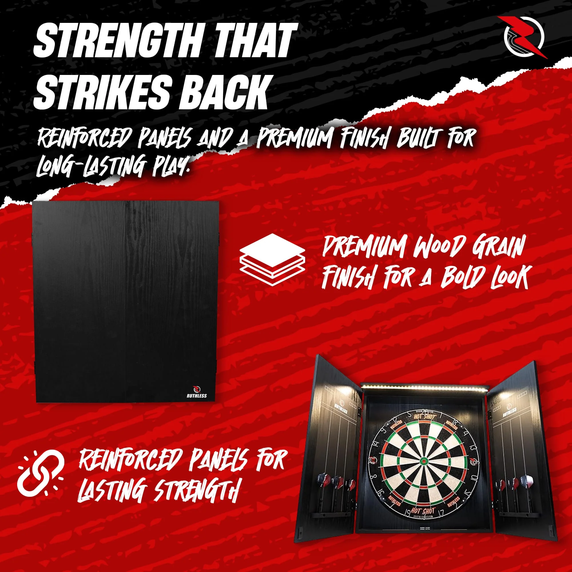 Ruthless Home Darts Centre - Cabinet with USB Light - Black - Image 4