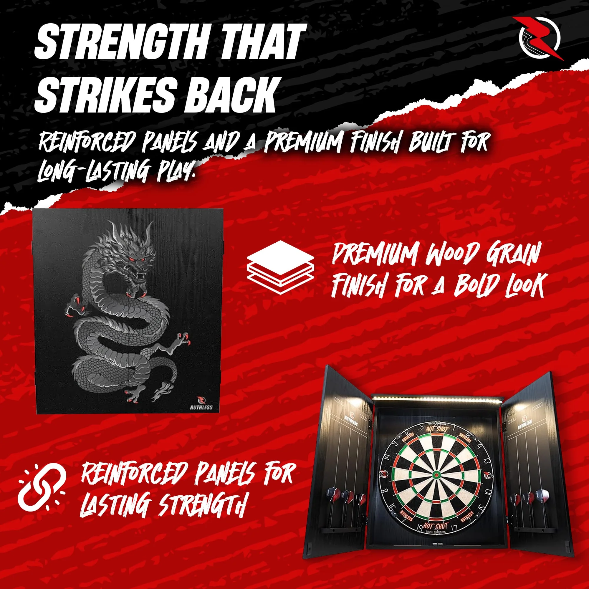 Ruthless Home Darts Centre - Cabinet with USB Light - Dragon - Image 4