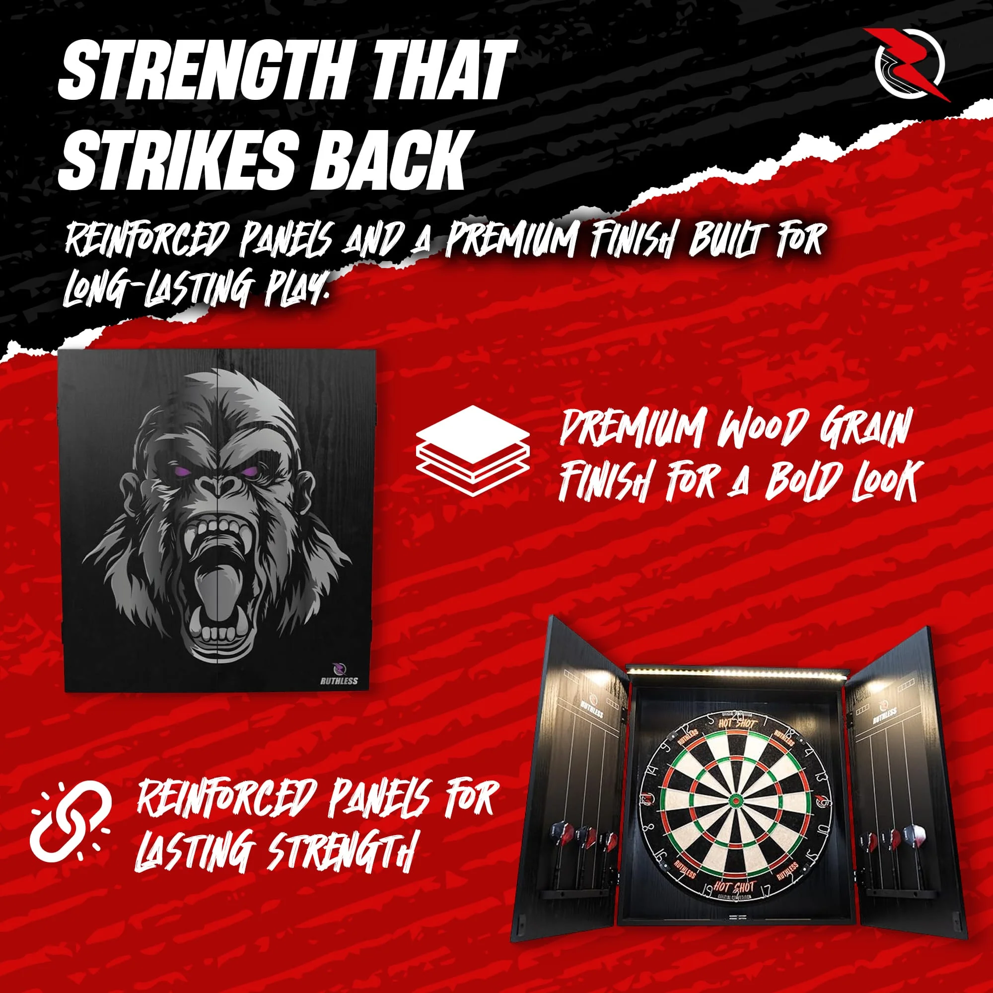 Ruthless Home Darts Centre - Cabinet with USB Light - Gorilla - Image 5