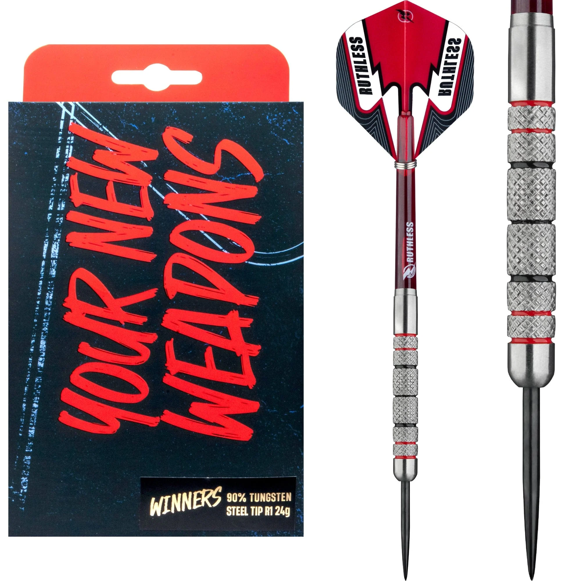 Ruthless Winners Darts - Steel Tip - Full Knurl - Black & Red - 24g